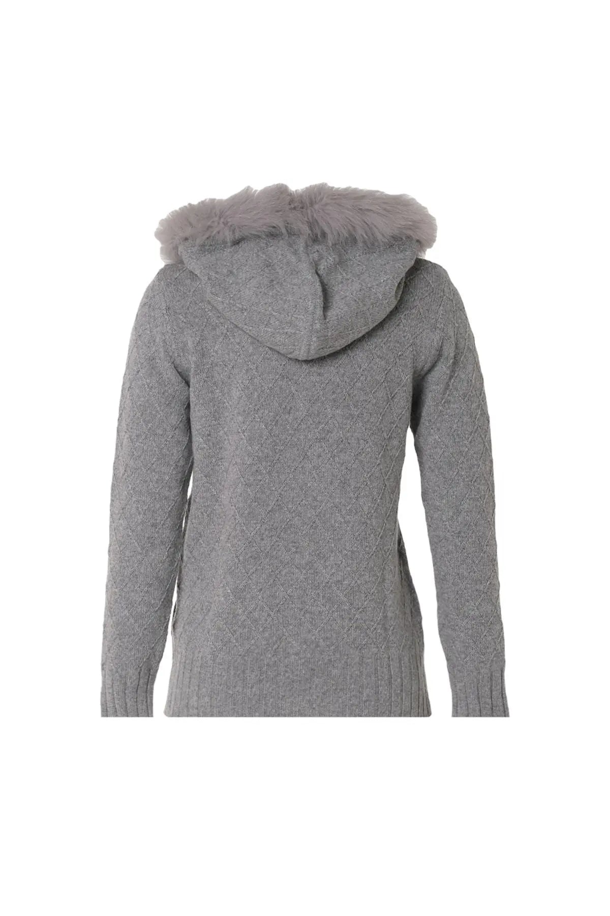 Orta Gri Melanj Kaşmir Merino Yünü Karışımlı Çıkarılabilir Kürk Detaylı Kadın Kapüşonlu Silk and Cashmere