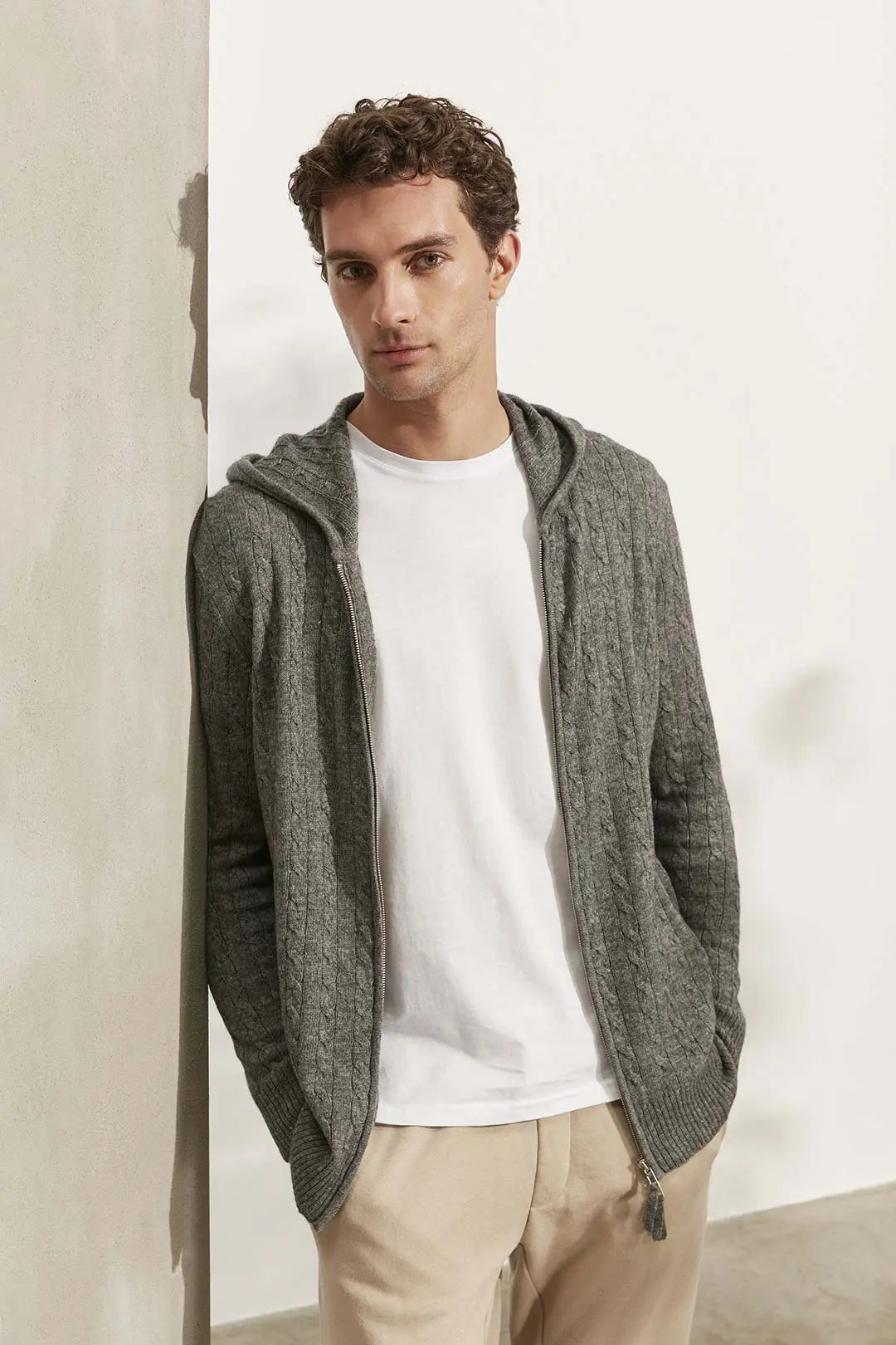 Orta Gri Melanj Kaşmirli Amerigo Kapüşonlu Fermuarlı Hırka Silk and Cashmere