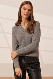 Orta Gri Melanj Kostir Saf Kaşmir Polo Yaka Uzun Kollu Kadın Kazak Silk and Cashmere