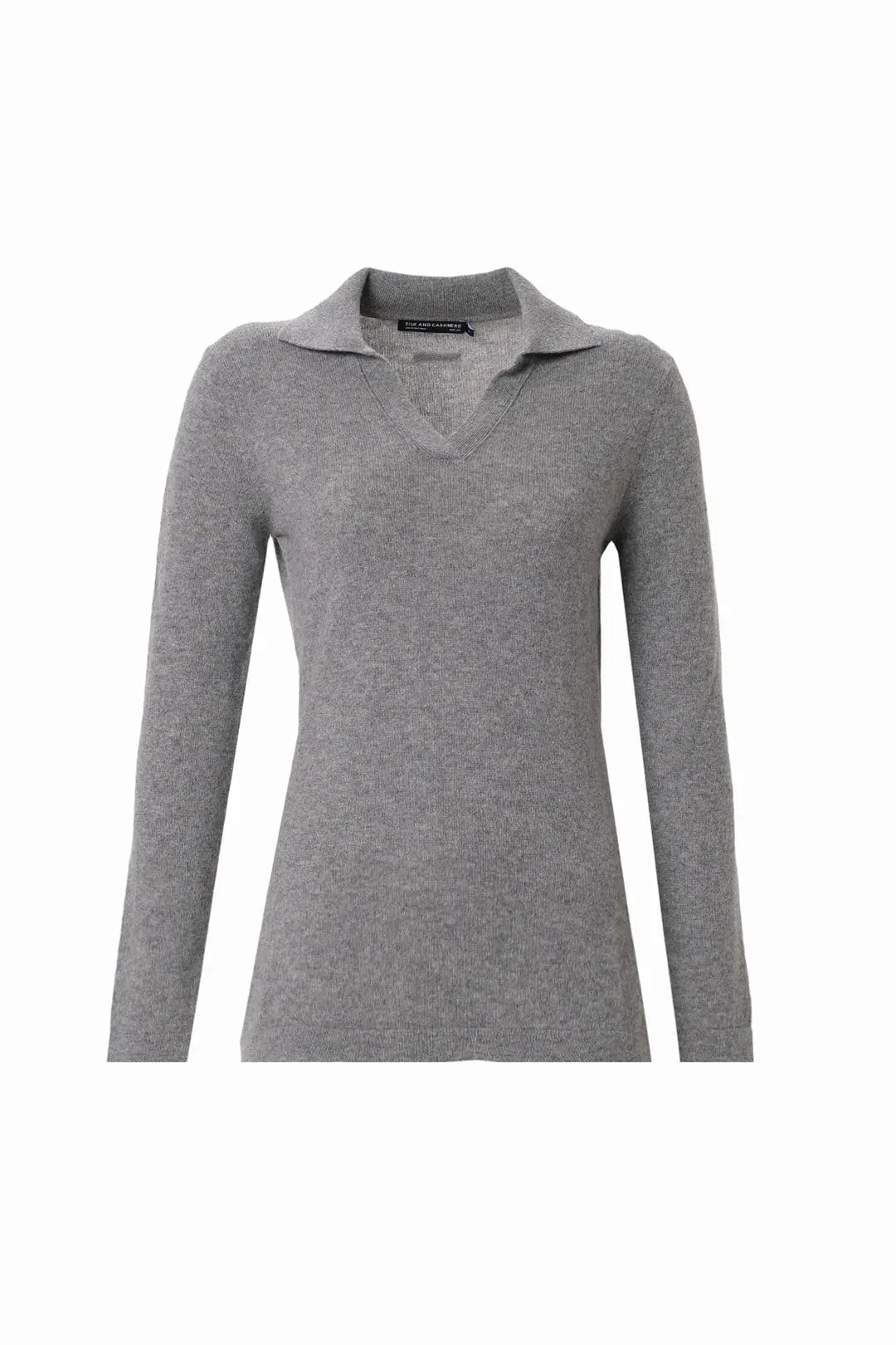 Orta Gri Melanj Kostir Saf Kaşmir Polo Yaka Uzun Kollu Kadın Kazak Silk and Cashmere