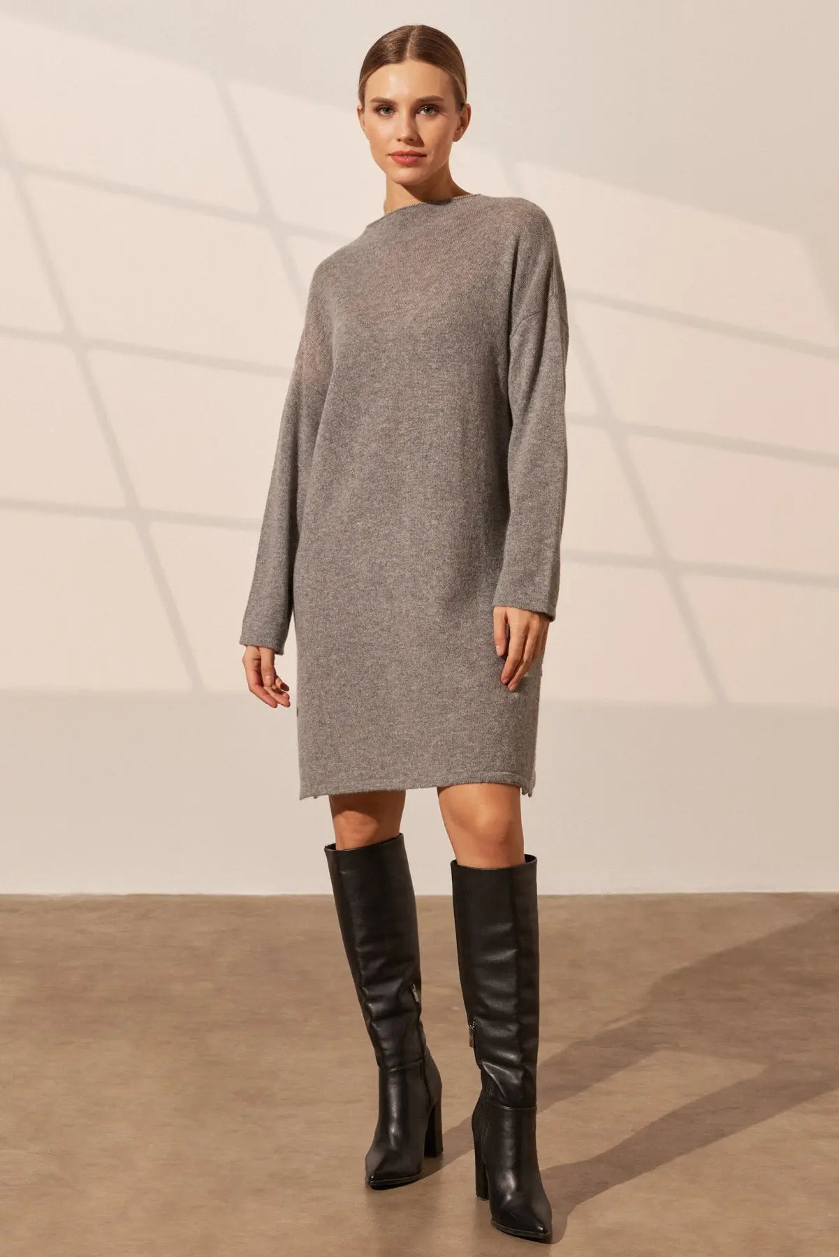 Orta Gri Melanj Kostir Saf Kaşmir Yuvarlak Yaka Uzun Kollu Kadın Tunik Kazak Silk and Cashmere