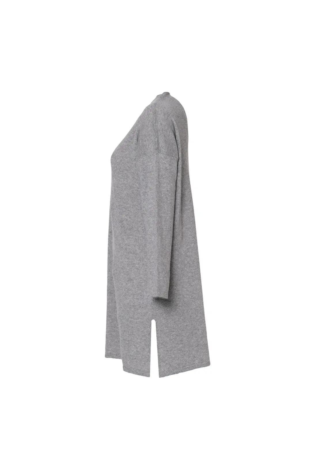 Orta Gri Melanj Kostir Saf Kaşmir Yuvarlak Yaka Uzun Kollu Kadın Tunik Kazak Silk and Cashmere