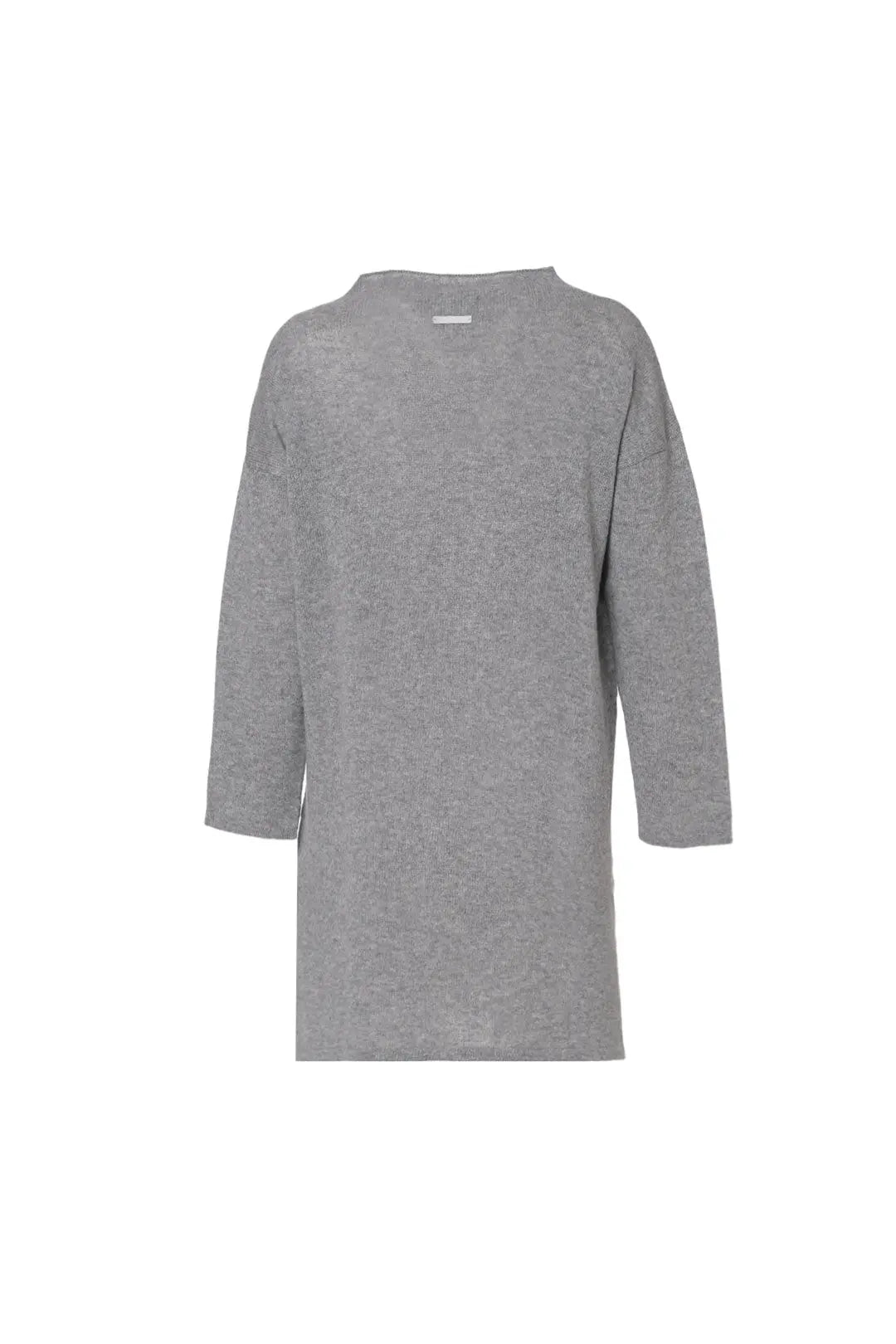 Orta Gri Melanj Kostir Saf Kaşmir Yuvarlak Yaka Uzun Kollu Kadın Tunik Kazak Silk and Cashmere