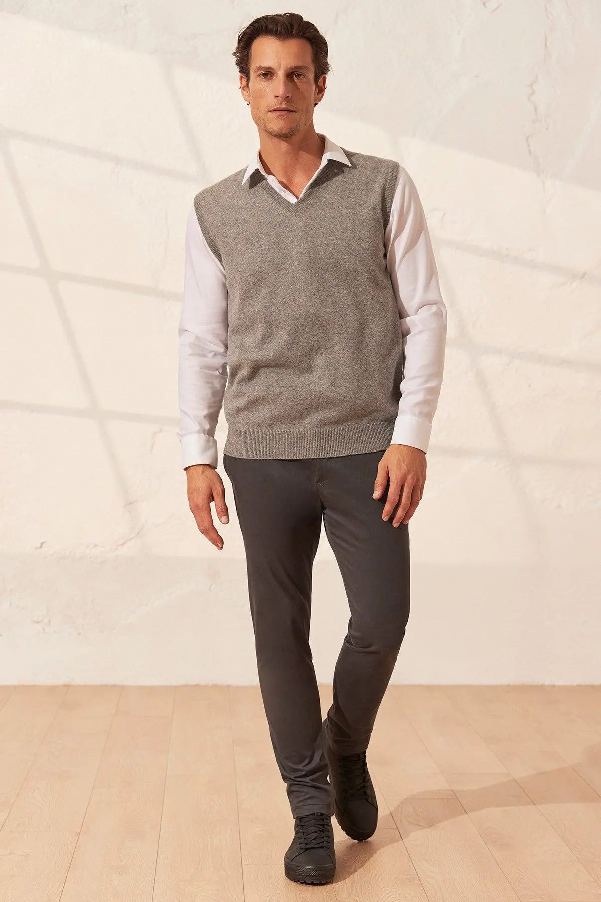 Orta Gri Melanj Saf Kamir Gio V Yaka Erkek Süveter Silk and Cashmere