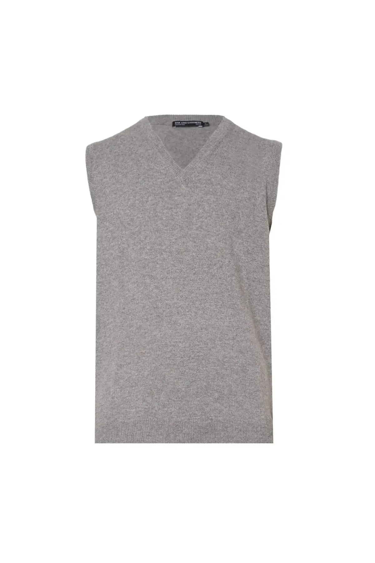 Orta Gri Melanj Saf Kamir Gio V Yaka Erkek Süveter Silk and Cashmere