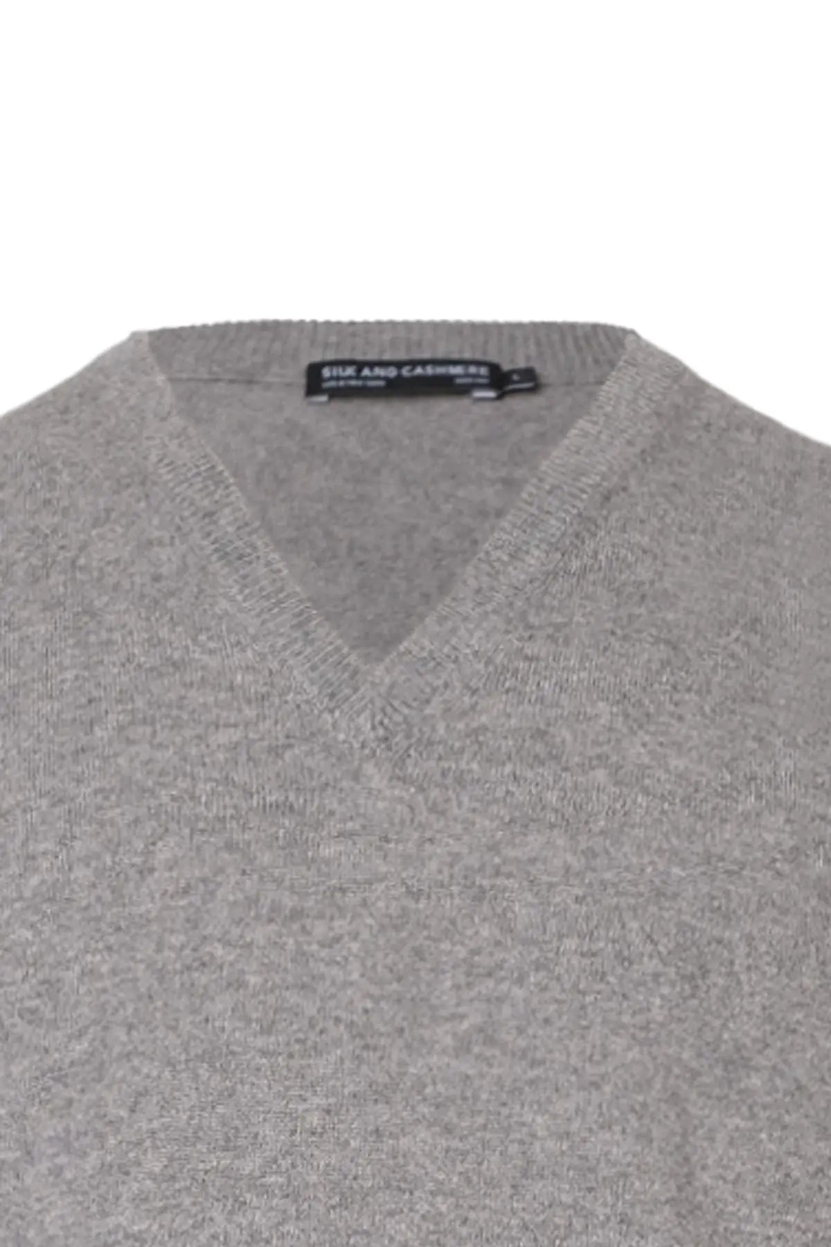 Orta Gri Melanj Saf Kamir Gio V Yaka Erkek Süveter Silk and Cashmere