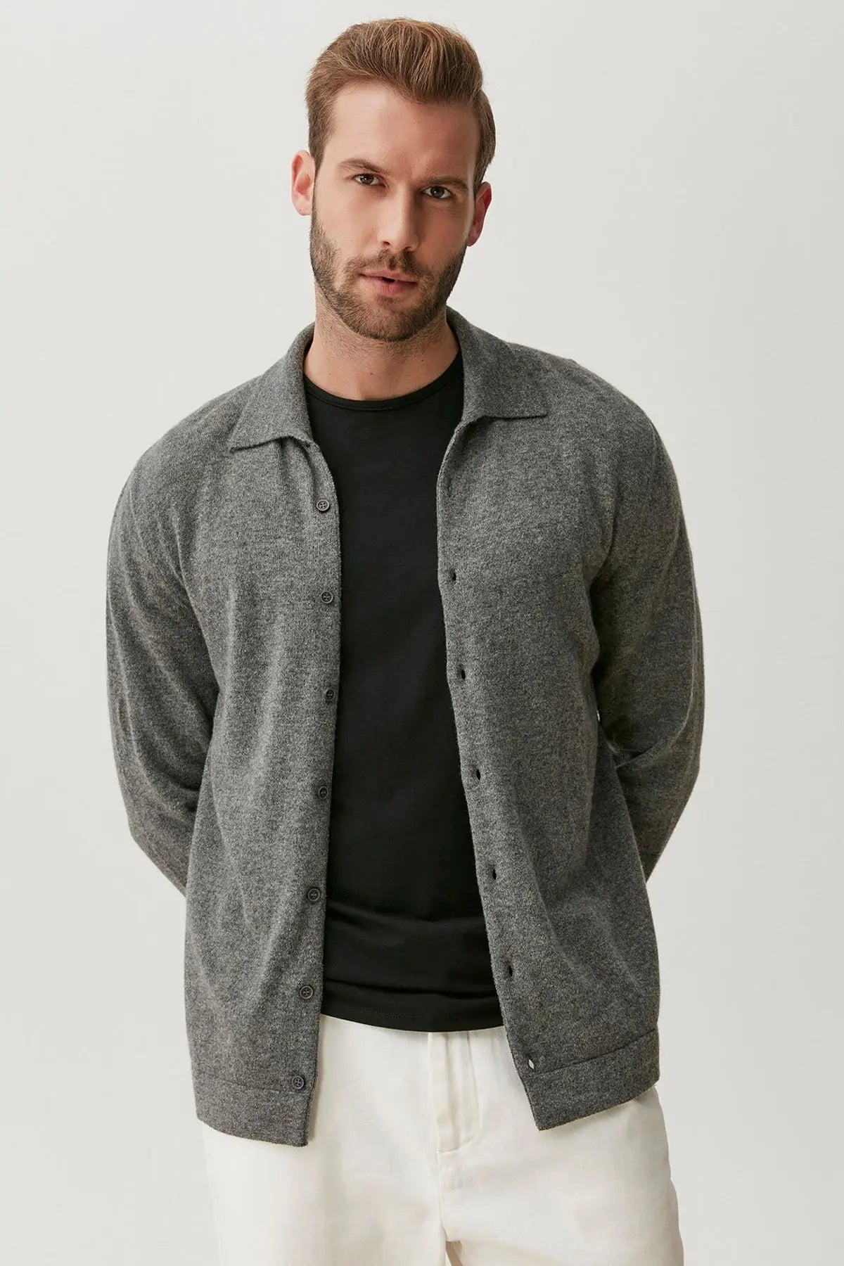 Orta Gri Melanj Saf Kamir Polo Yaka Uzun Kollu Erkek Gömlek Silk and Cashmere