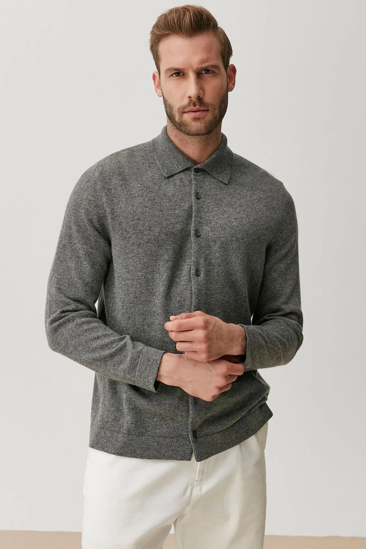 Orta Gri Melanj Saf Kamir Polo Yaka Uzun Kollu Erkek Gömlek Silk and Cashmere