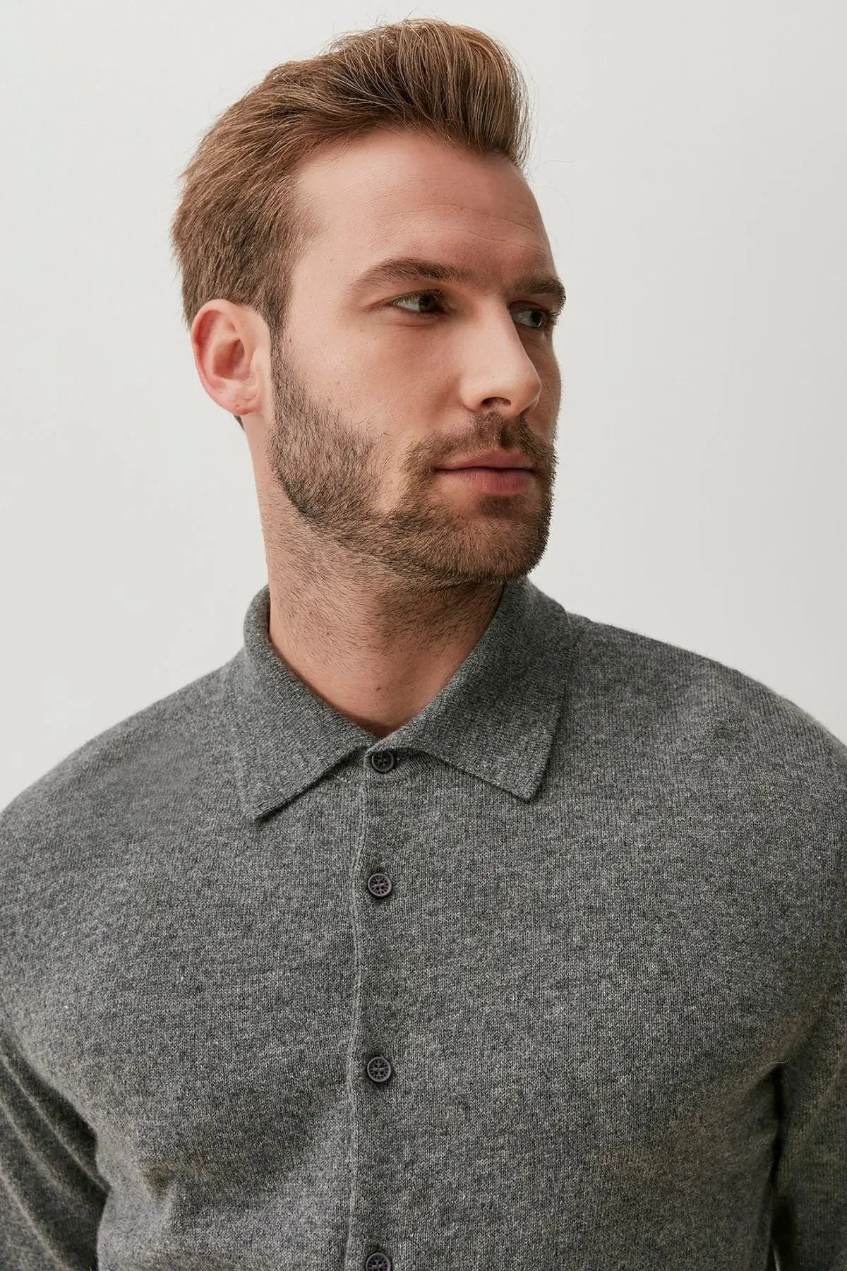 Orta Gri Melanj Saf Kamir Polo Yaka Uzun Kollu Erkek Gömlek Silk and Cashmere