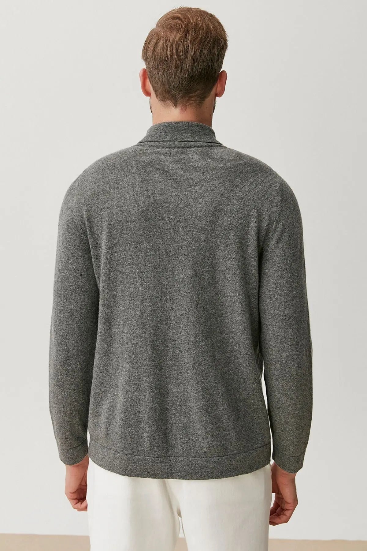 Orta Gri Melanj Saf Kamir Polo Yaka Uzun Kollu Erkek Gömlek Silk and Cashmere