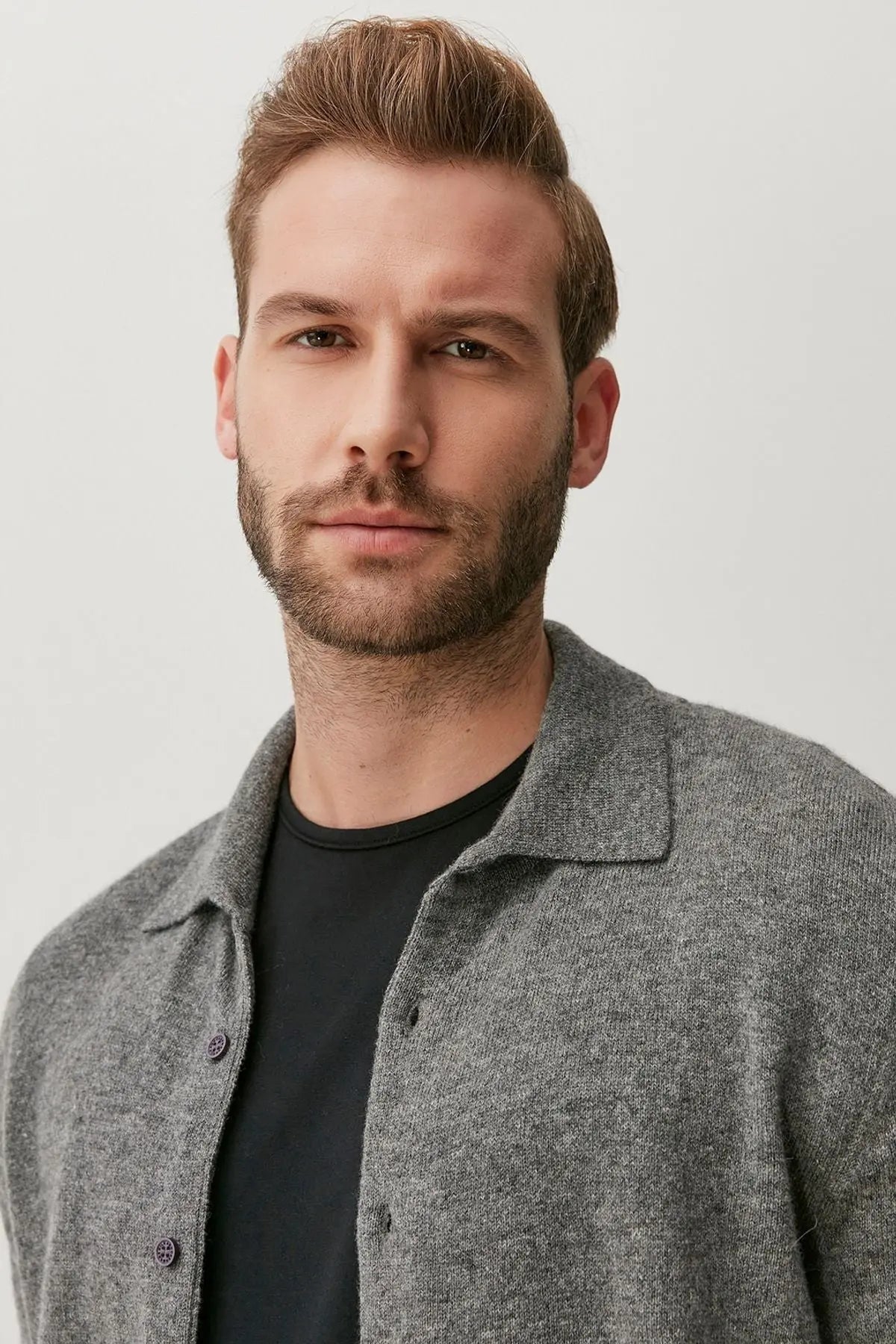 Orta Gri Melanj Saf Kamir Polo Yaka Uzun Kollu Erkek Gömlek Silk and Cashmere