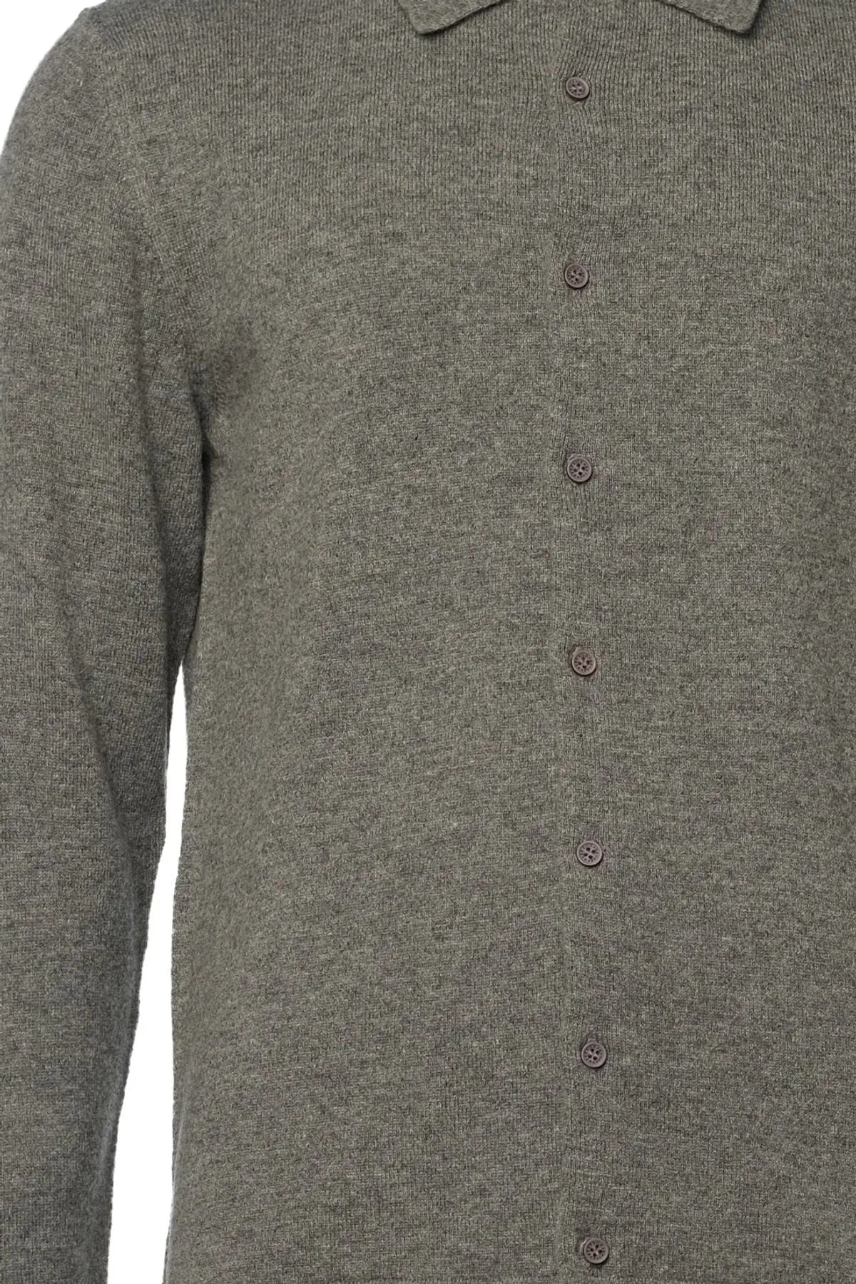 Orta Gri Melanj Saf Kamir Polo Yaka Uzun Kollu Erkek Gömlek Silk and Cashmere