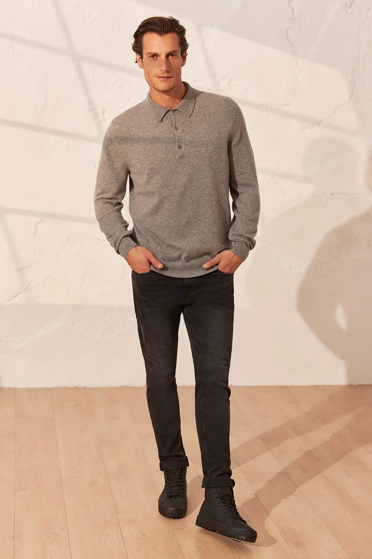 Orta Gri Melanj Saf Kamir Polo Yaka Uzun Kollu Erkek Kazak Silk and Cashmere