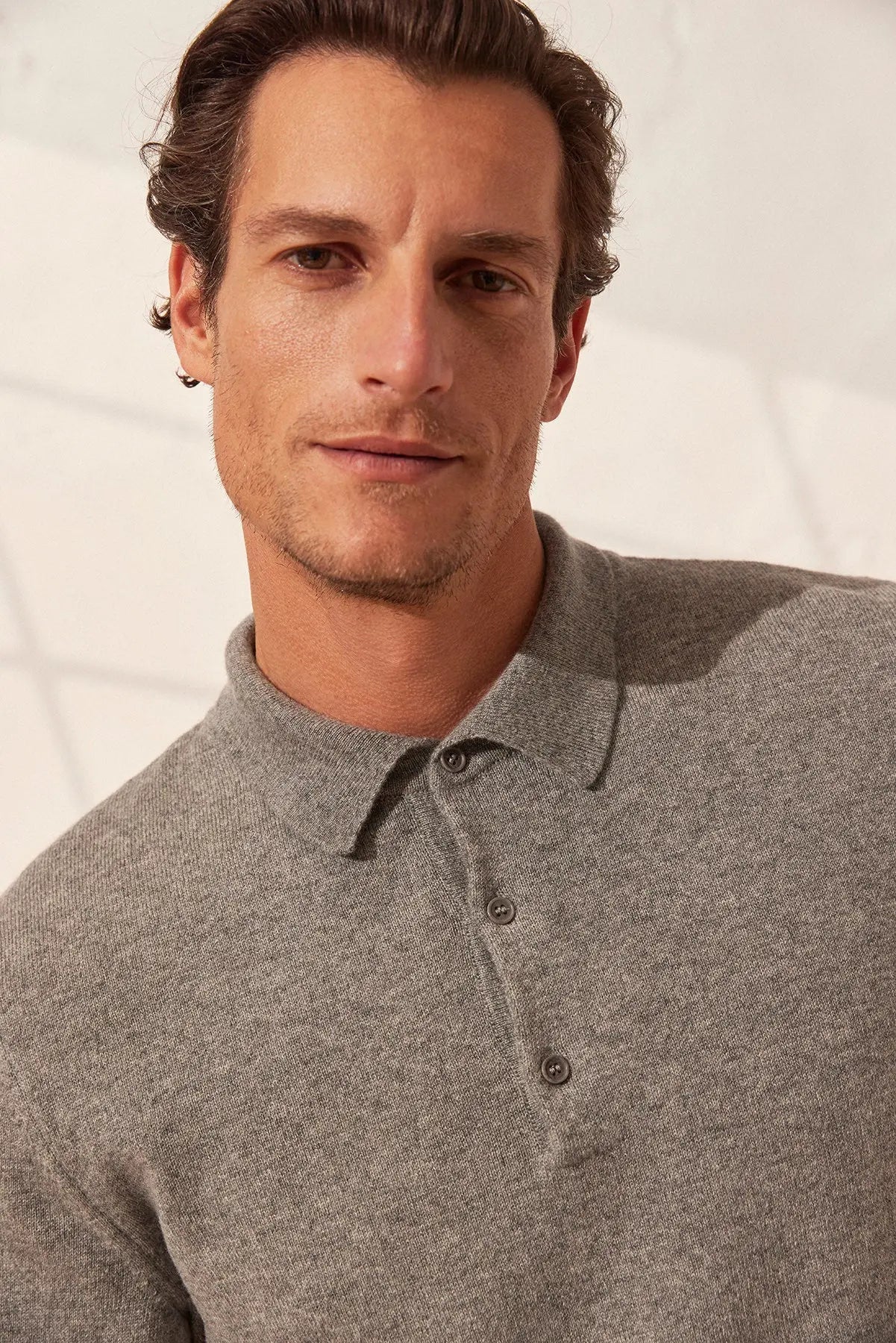 Orta Gri Melanj Saf Kamir Polo Yaka Uzun Kollu Erkek Kazak Silk and Cashmere