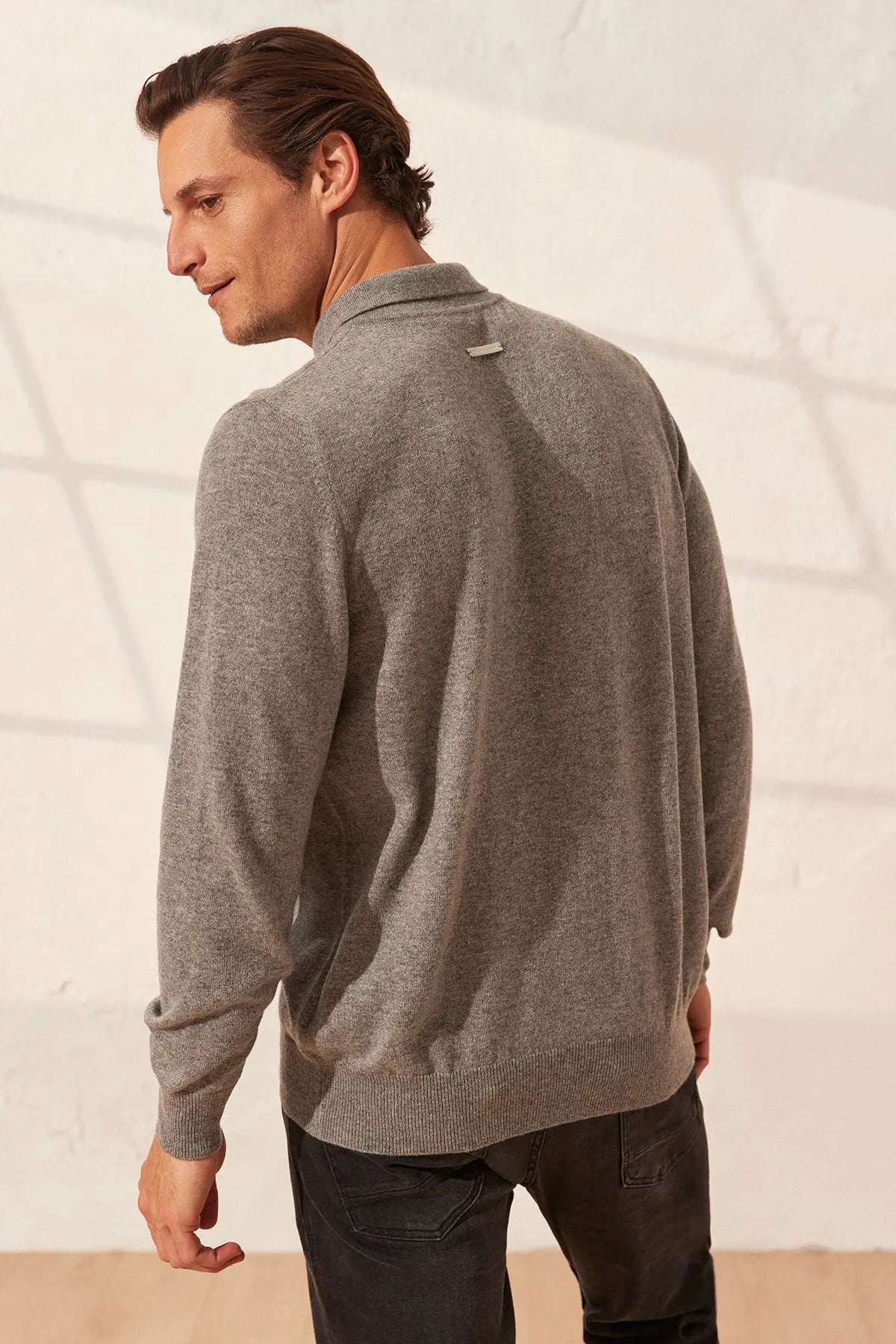 Orta Gri Melanj Saf Kamir Polo Yaka Uzun Kollu Erkek Kazak Silk and Cashmere