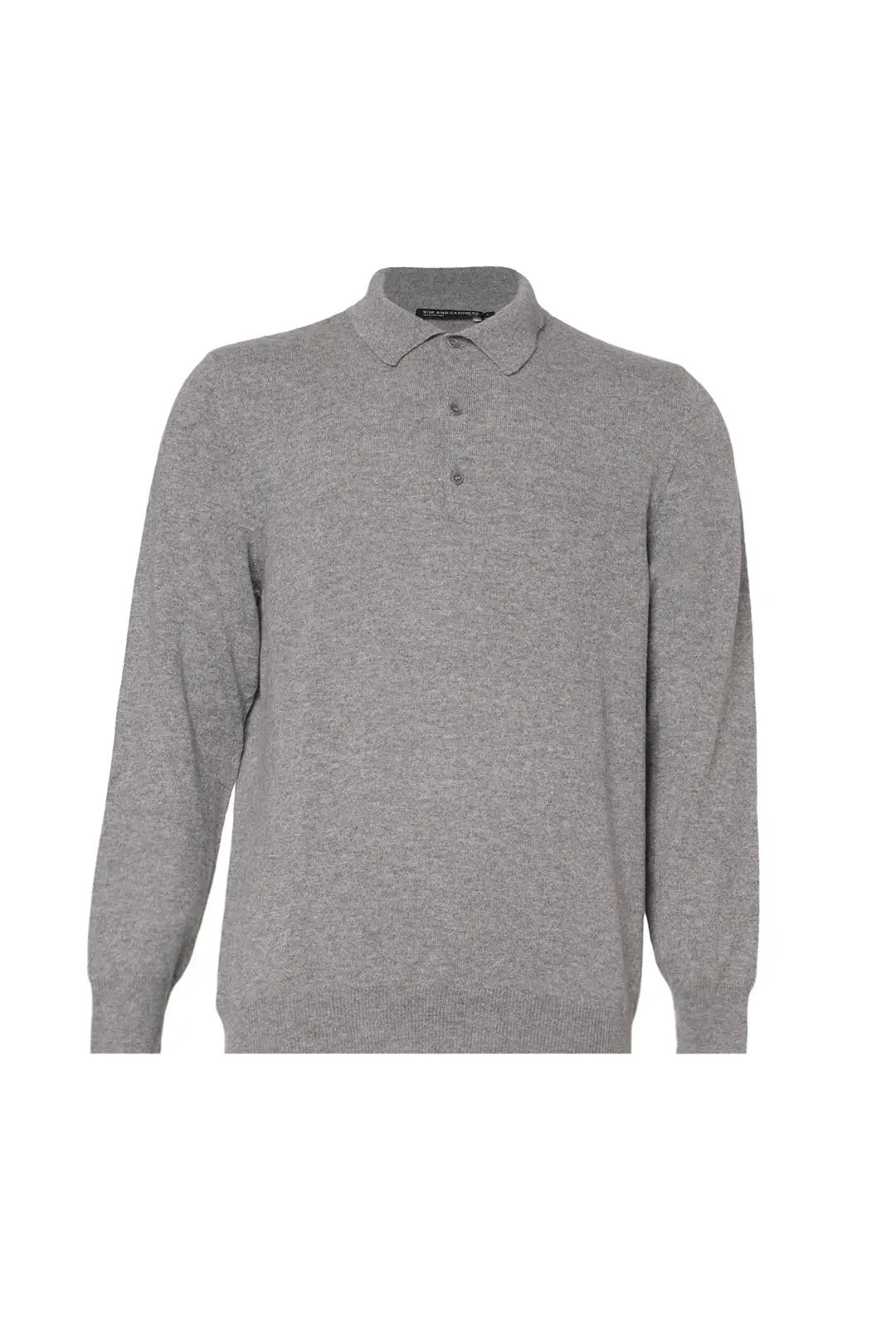 Orta Gri Melanj Saf Kamir Polo Yaka Uzun Kollu Erkek Kazak Silk and Cashmere