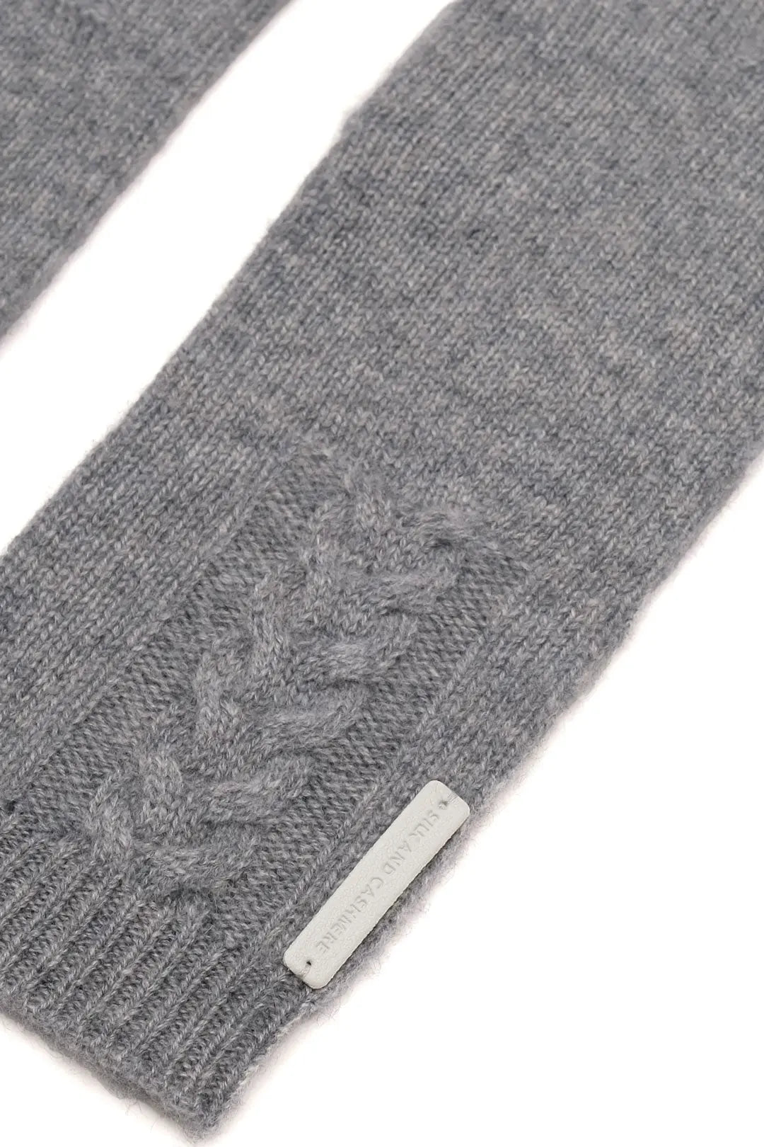 Orta Gri Melanj Saf Kaşmir Saç Örgü Detaylı Eldiven Silk and Cashmere