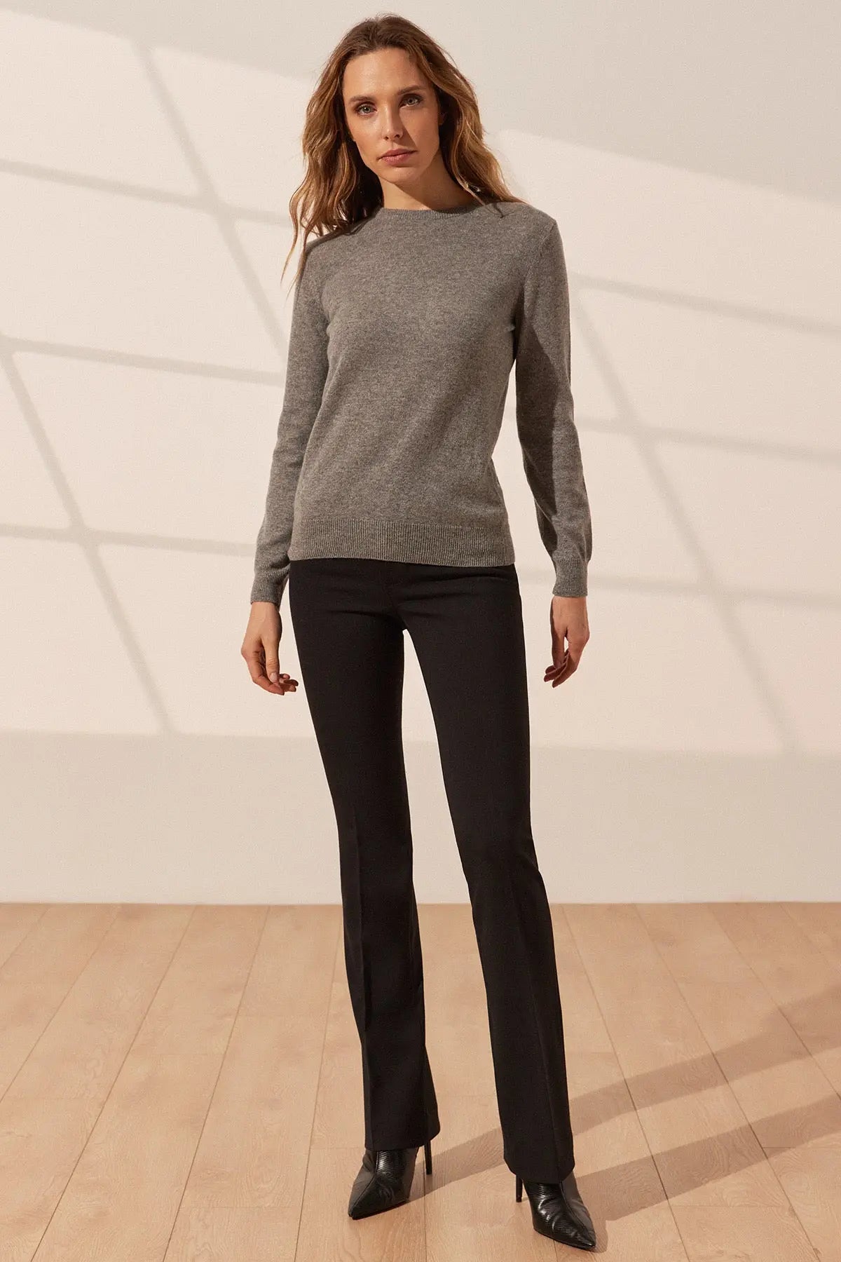 Orta Gri Melanj Saf Kaşmir Veronique Yuvarlak Yaka Uzun Kollu Kadın Kazak Silk and Cashmere