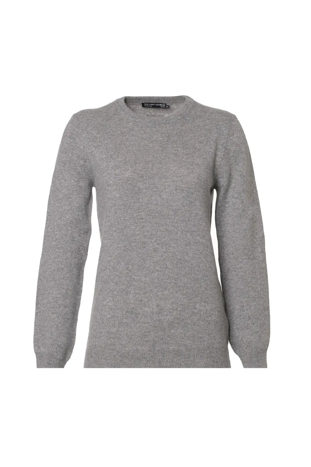 Orta Gri Melanj Saf Kaşmir Veronique Yuvarlak Yaka Uzun Kollu Kadın Kazak Silk and Cashmere