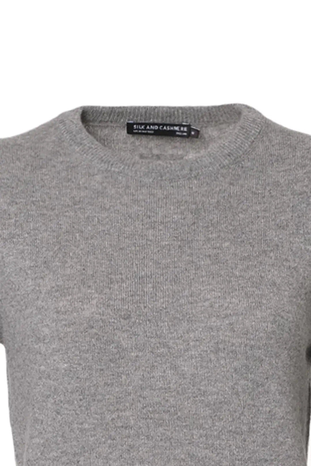 Orta Gri Melanj Saf Kaşmir Veronique Yuvarlak Yaka Uzun Kollu Kadın Kazak Silk and Cashmere