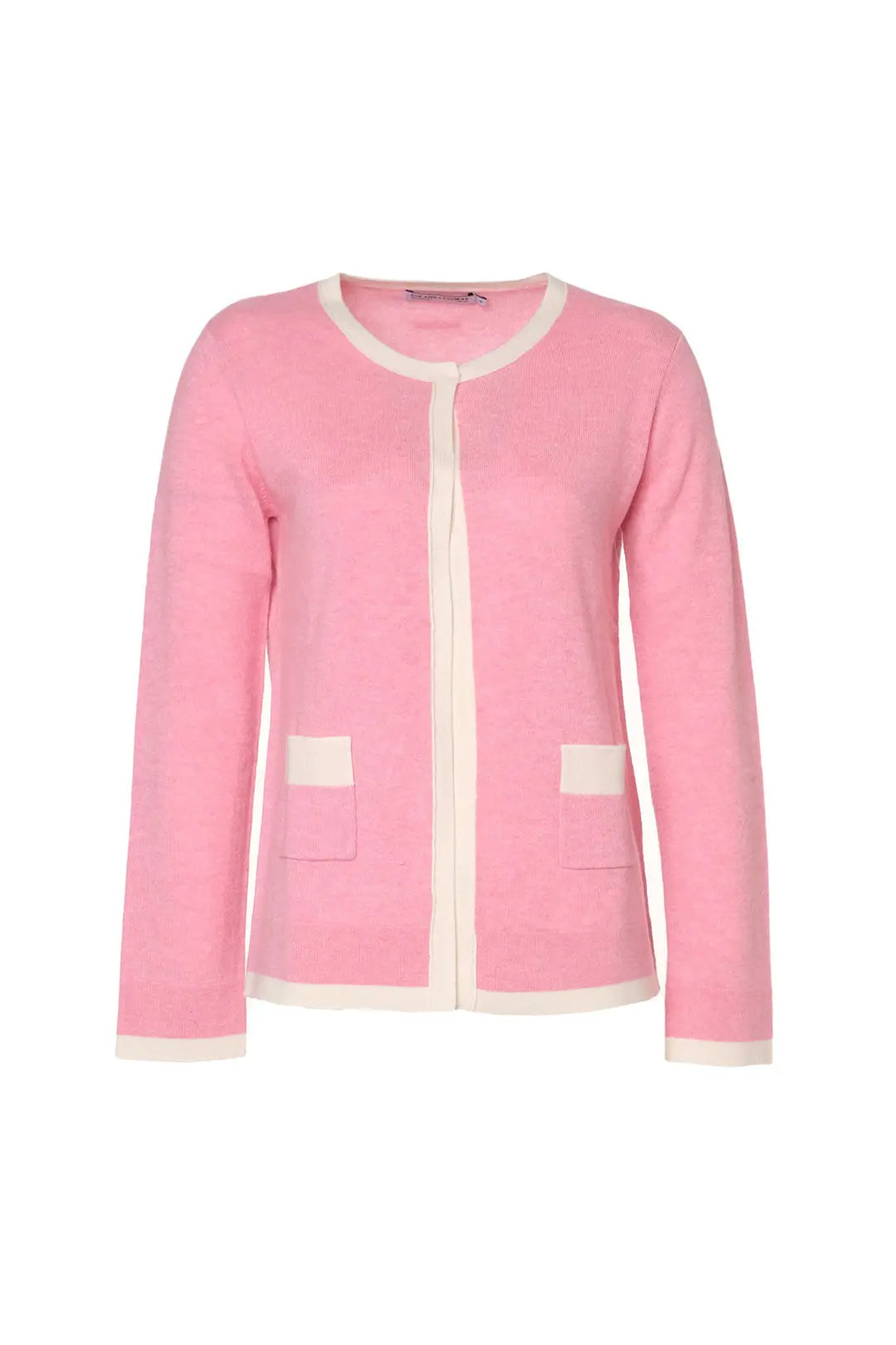 Pembe AHS Merino Yünü Kaşmir Bordür Detaylı Yuvarlak Yaka Uzun Kollu Kadın Hırka Silk and Cashmere