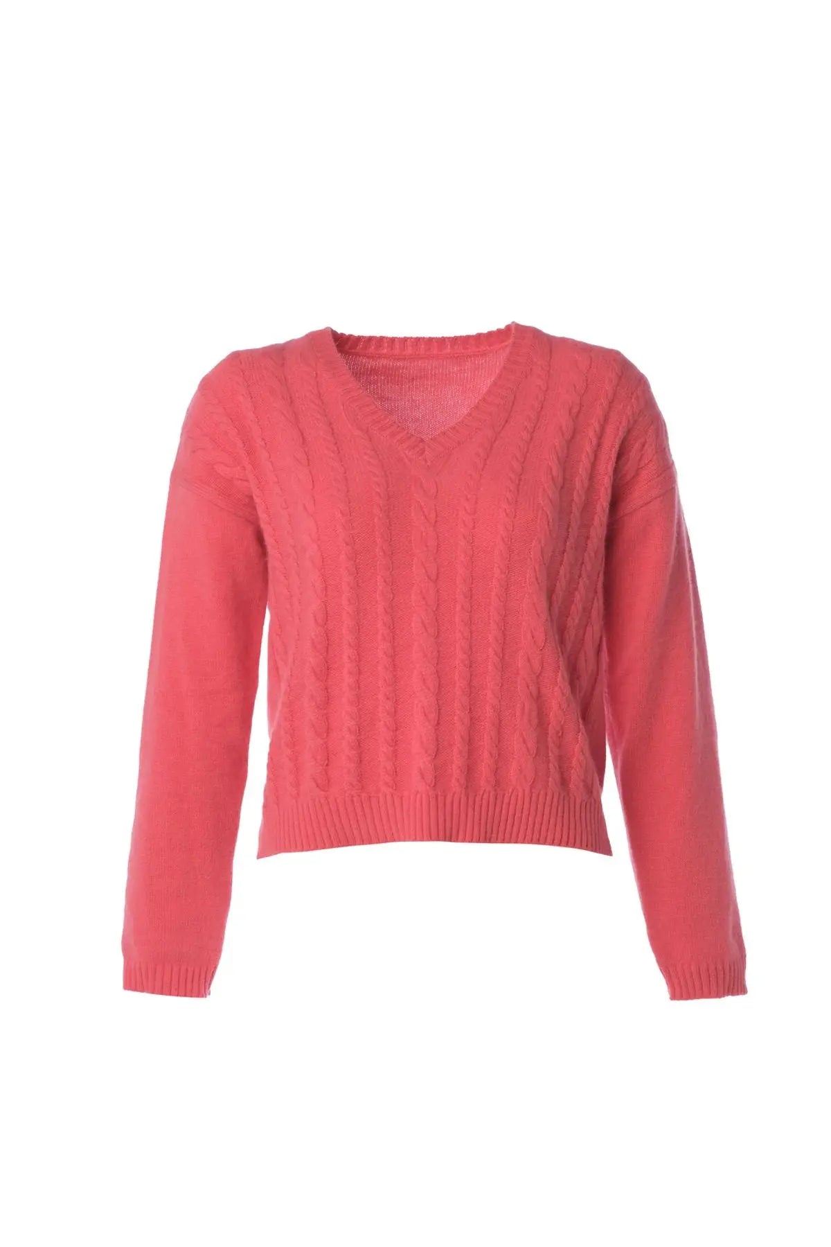 Pembe Jessica Örgülü V Yaka Uzun Kollu Krop Kazak Silk and Cashmere