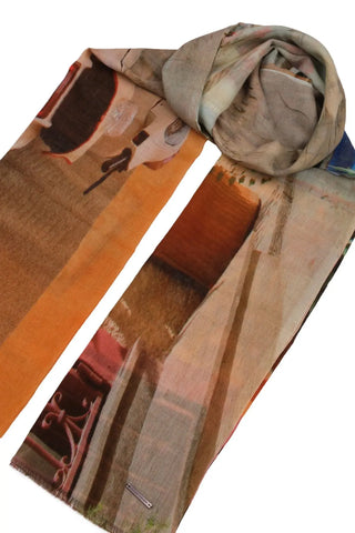 Renkli İpekli İtalya Manzaralı Şal 70 x 180 cm Silk and Cashmere