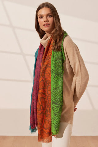 Renkli Jas İpek Yün Yılan Desenli Şal 70 x 180 cm Silk and Cashmere