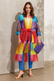 Renkli pekli Blok Desenli Uzun Kimono Silk and Cashmere