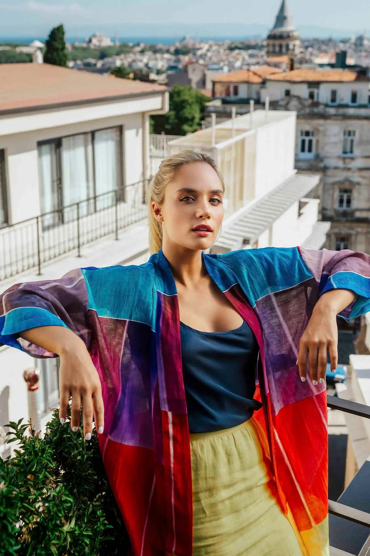 Renkli pekli Blok Desenli Uzun Kimono Silk and Cashmere