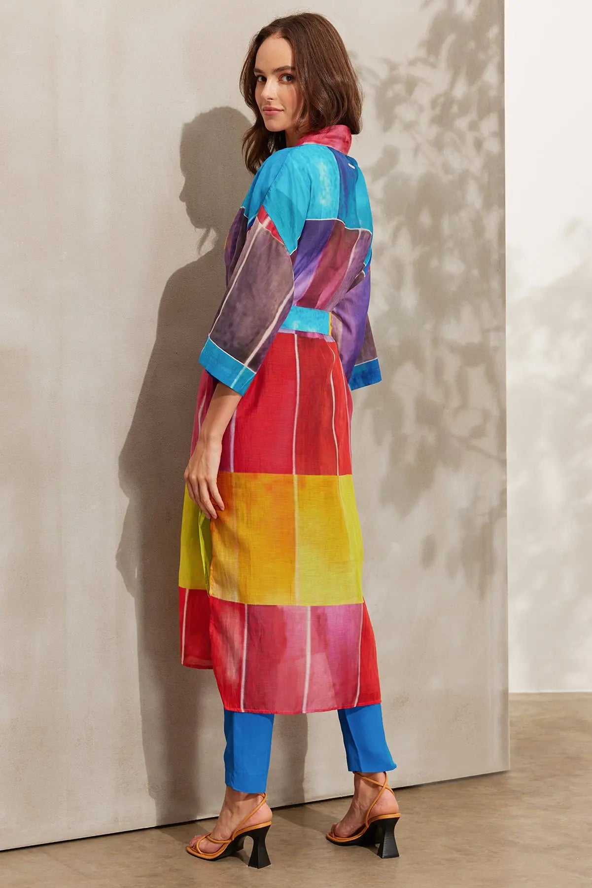 Renkli pekli Blok Desenli Uzun Kimono Silk and Cashmere