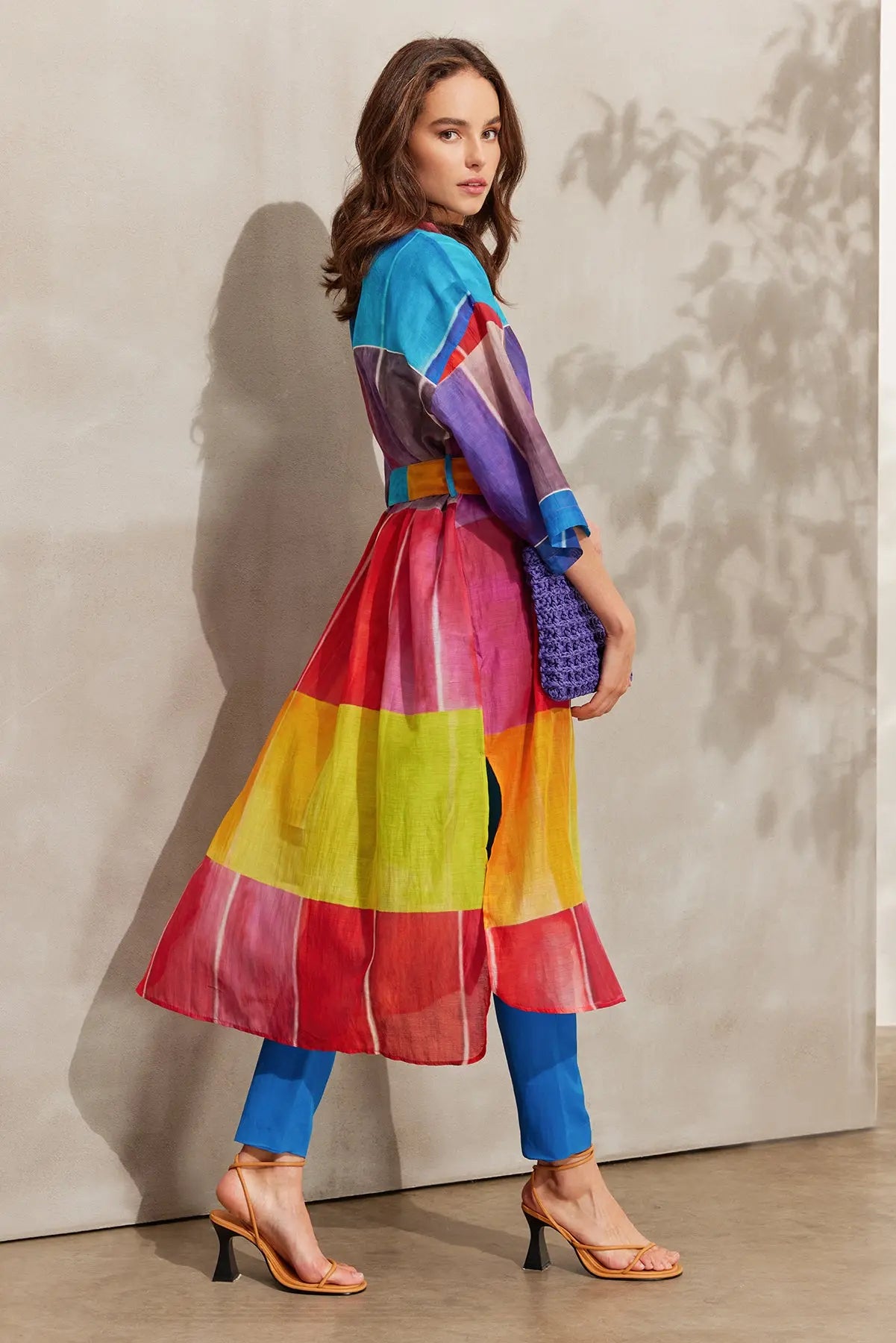 Renkli pekli Blok Desenli Uzun Kimono Silk and Cashmere