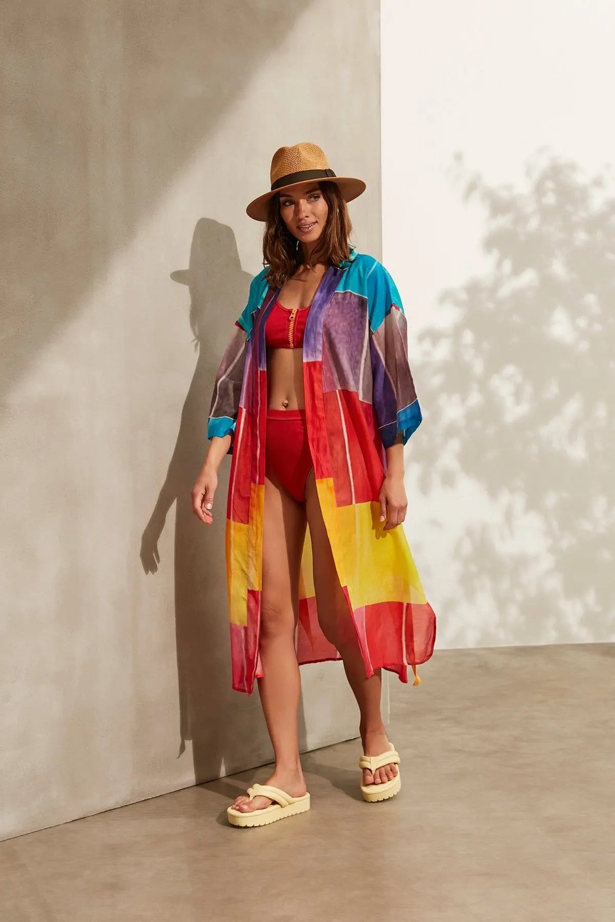 Renkli pekli Blok Desenli Uzun Kimono Silk and Cashmere