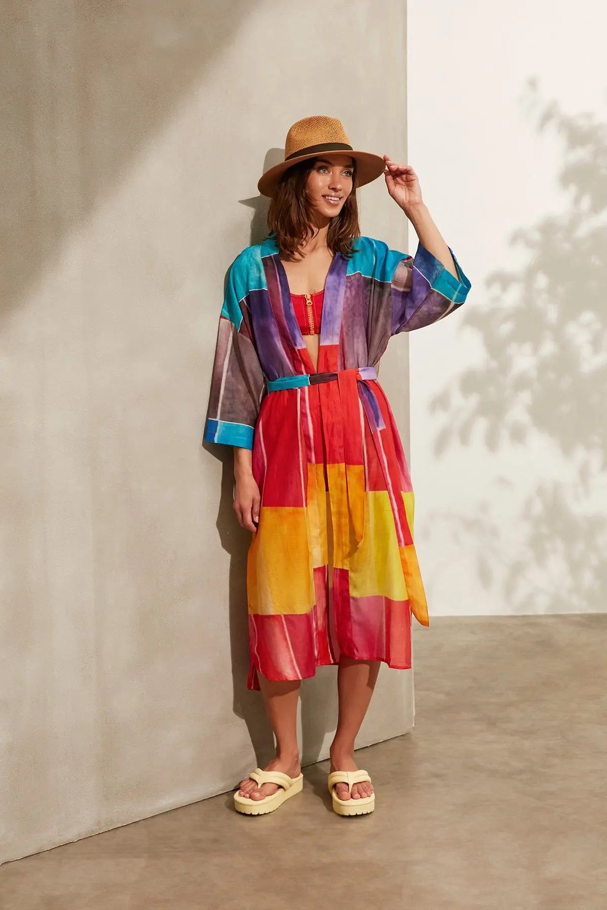 Renkli pekli Blok Desenli Uzun Kimono Silk and Cashmere