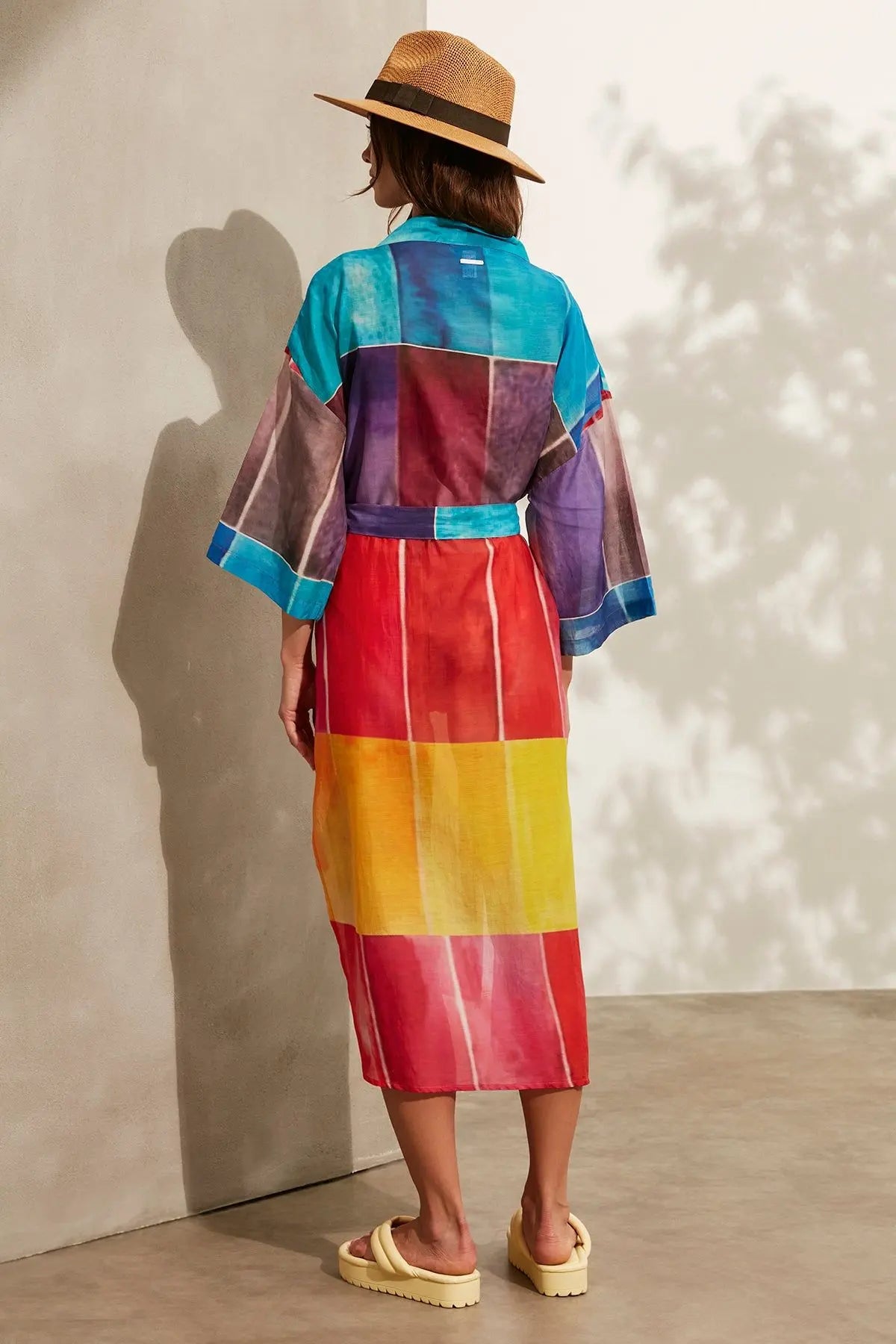 Renkli pekli Blok Desenli Uzun Kimono Silk and Cashmere