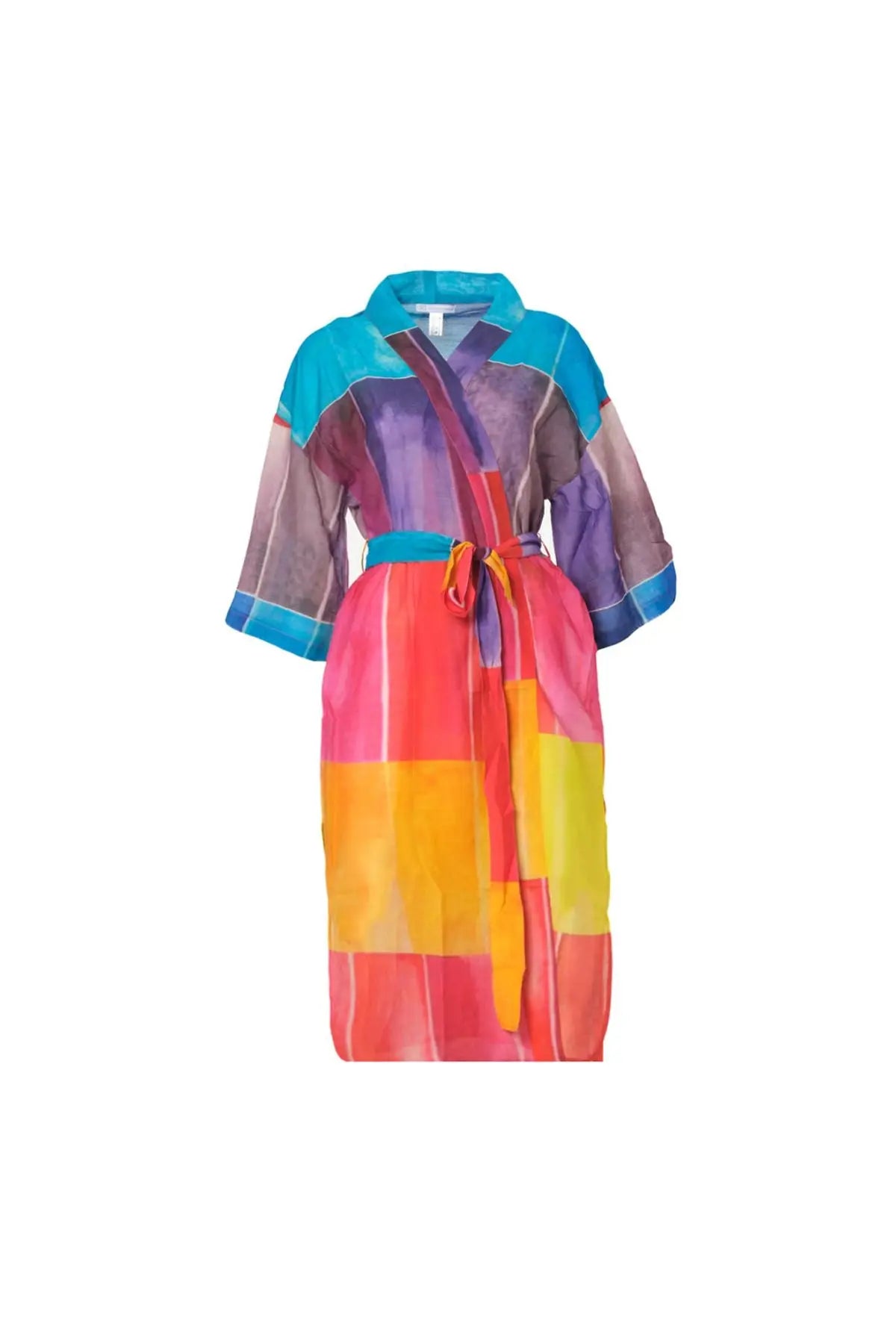 Renkli pekli Blok Desenli Uzun Kimono Silk and Cashmere