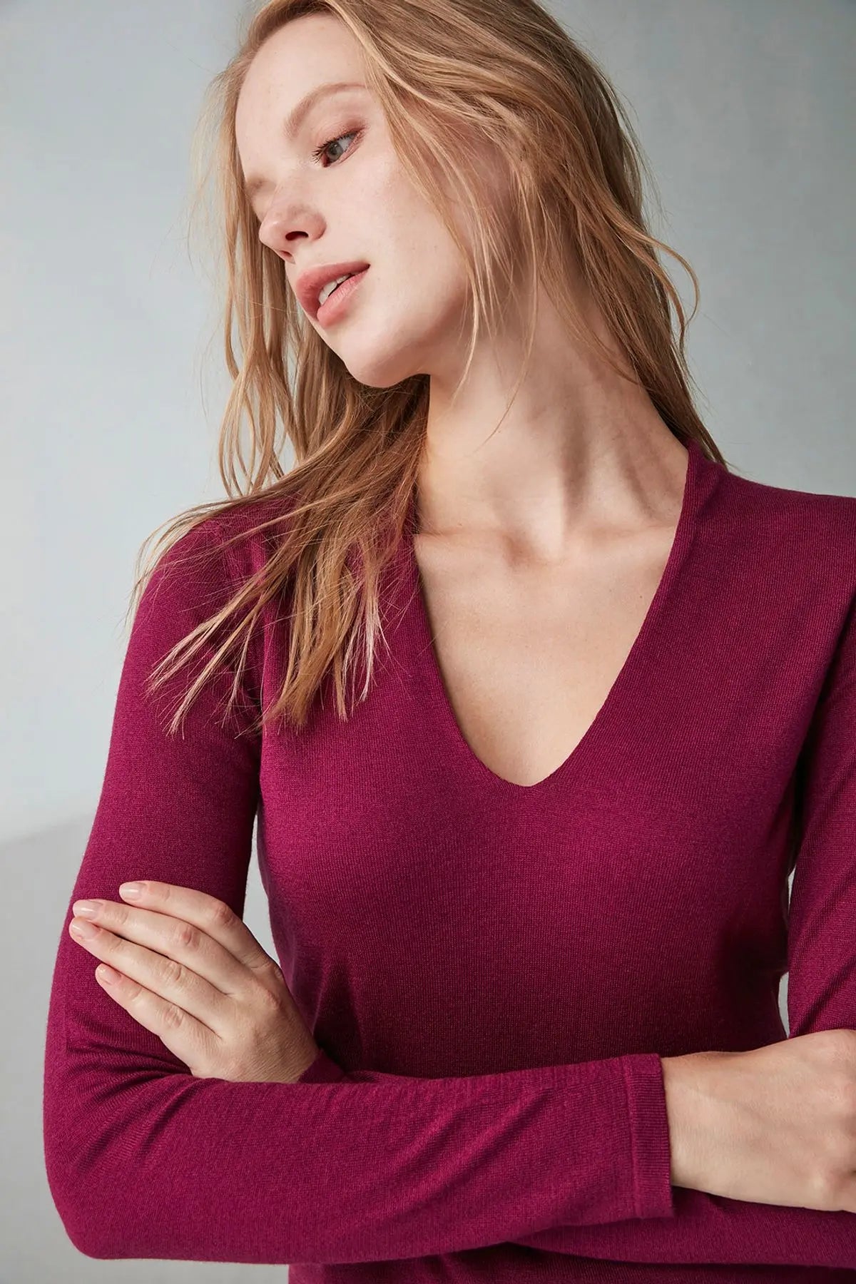 Şarap İpek ve Kaşmir Derin V Yaka Uzun Kollu Aleyna Triko Silk and Cashmere