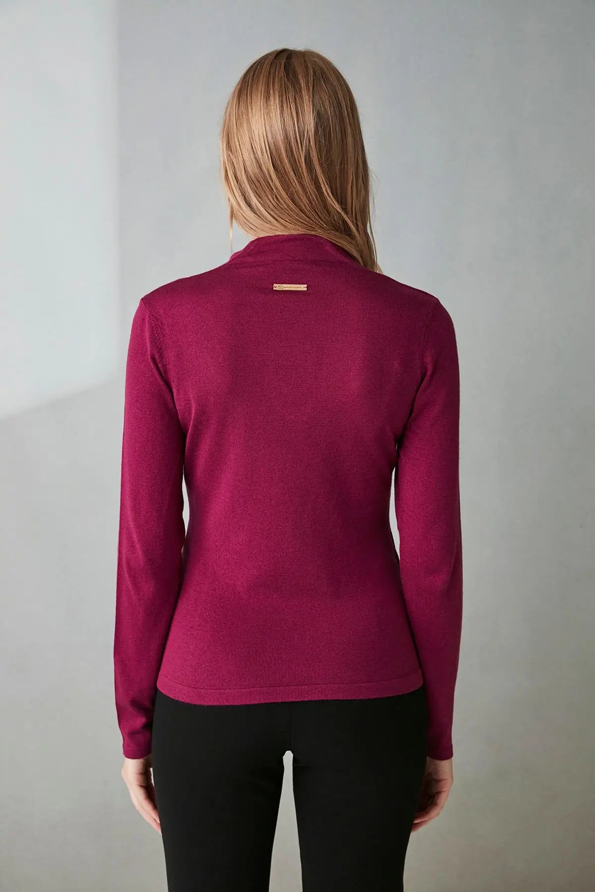 Şarap İpek ve Kaşmir Derin V Yaka Uzun Kollu Aleyna Triko Silk and Cashmere