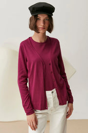 Şarap İpek ve Kaşmir Düğmeli V Yaka Uzun Kollu Aleyna Hırka Silk and Cashmere