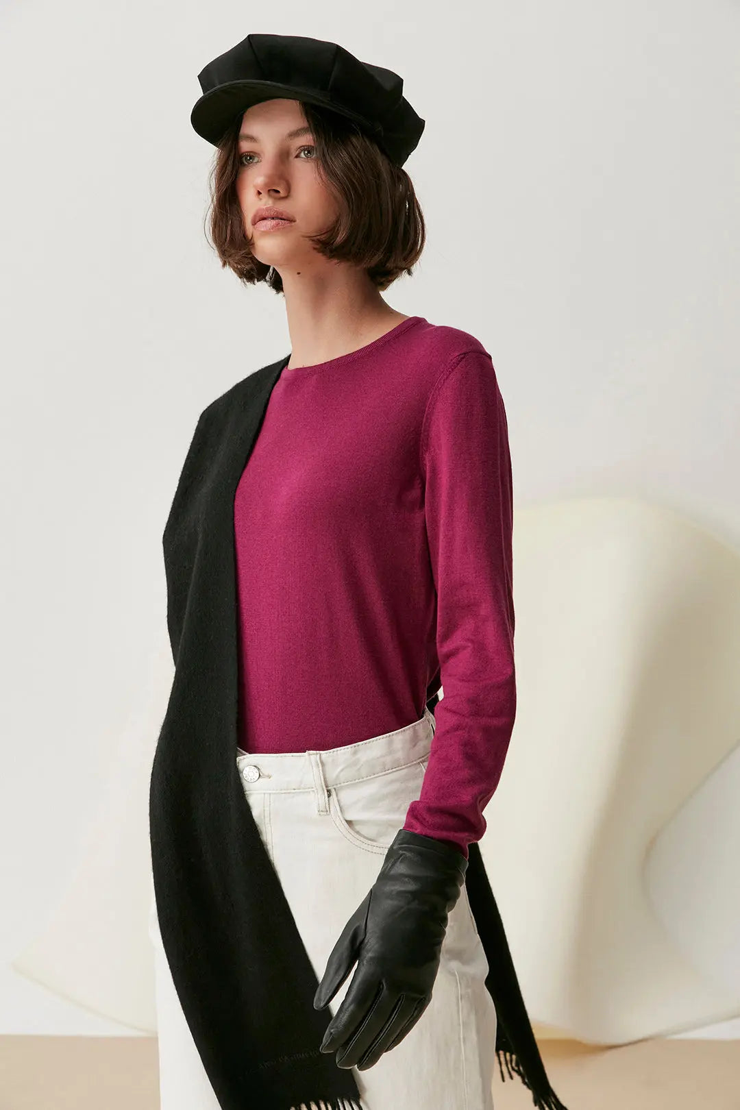 Şarap İpek ve Kaşmir Yuvarlak Yaka Uzun Kollu Aleyna Triko Silk and Cashmere