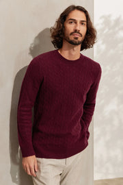 Şarap Kaşmir ve Yün Yuvarlak Yaka Saç Örgülü Uzun Kollu Amerigo Erkek Kazak Silk and Cashmere