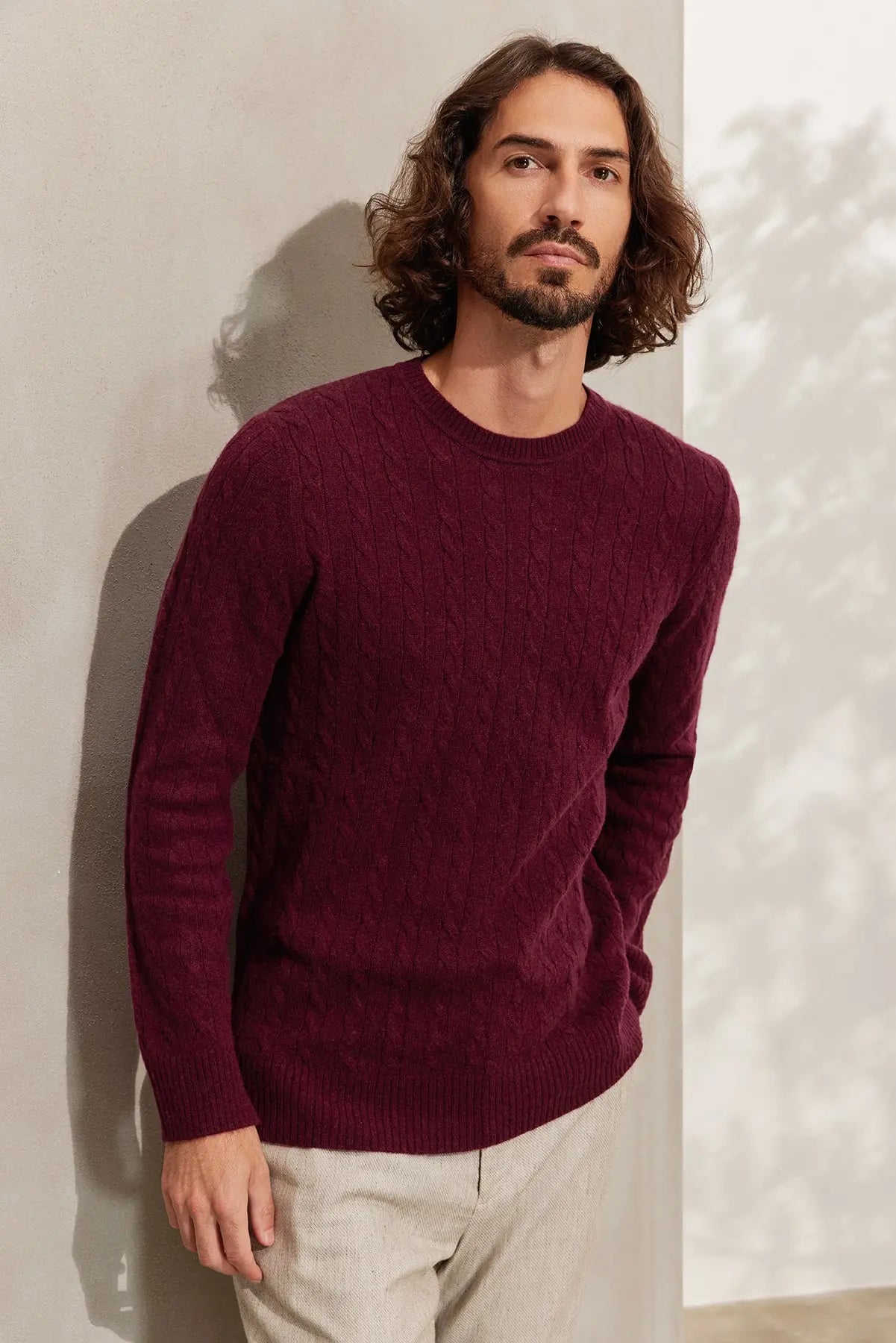 Şarap Kaşmir ve Yün Yuvarlak Yaka Saç Örgülü Uzun Kollu Amerigo Erkek Kazak Silk and Cashmere