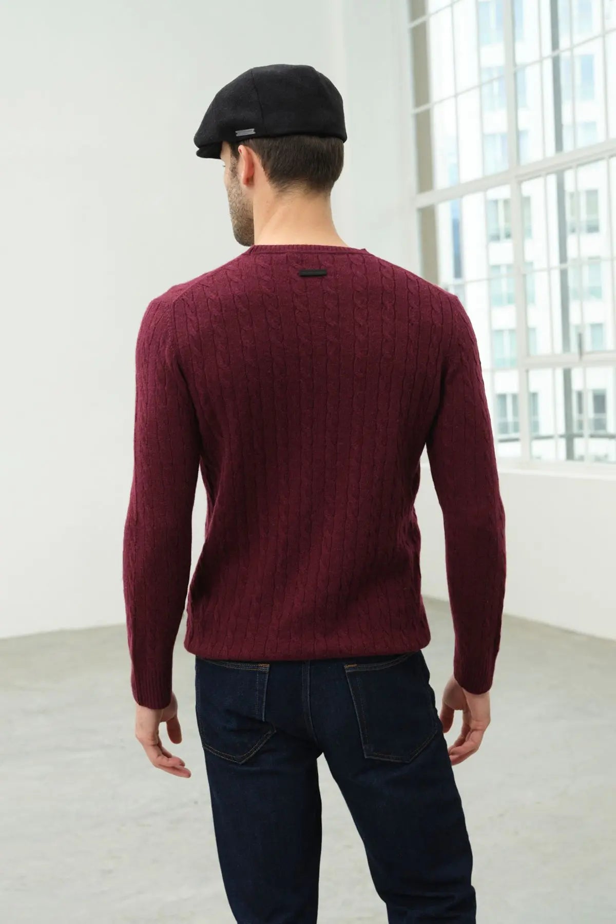 Şarap Kaşmir ve Yün Yuvarlak Yaka Saç Örgülü Uzun Kollu Amerigo Erkek Kazak Silk and Cashmere