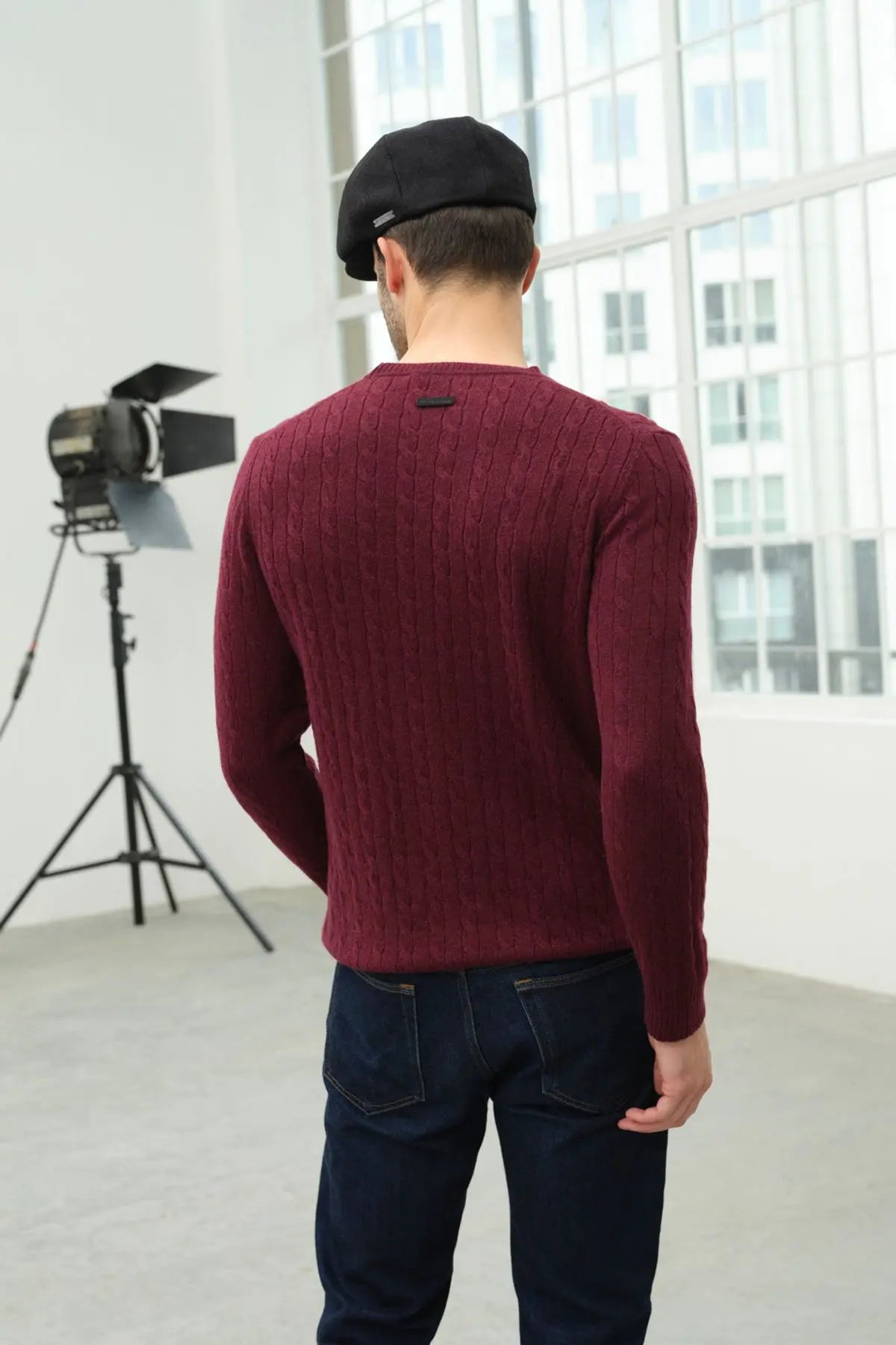 Şarap Kaşmir ve Yün Yuvarlak Yaka Saç Örgülü Uzun Kollu Amerigo Erkek Kazak Silk and Cashmere