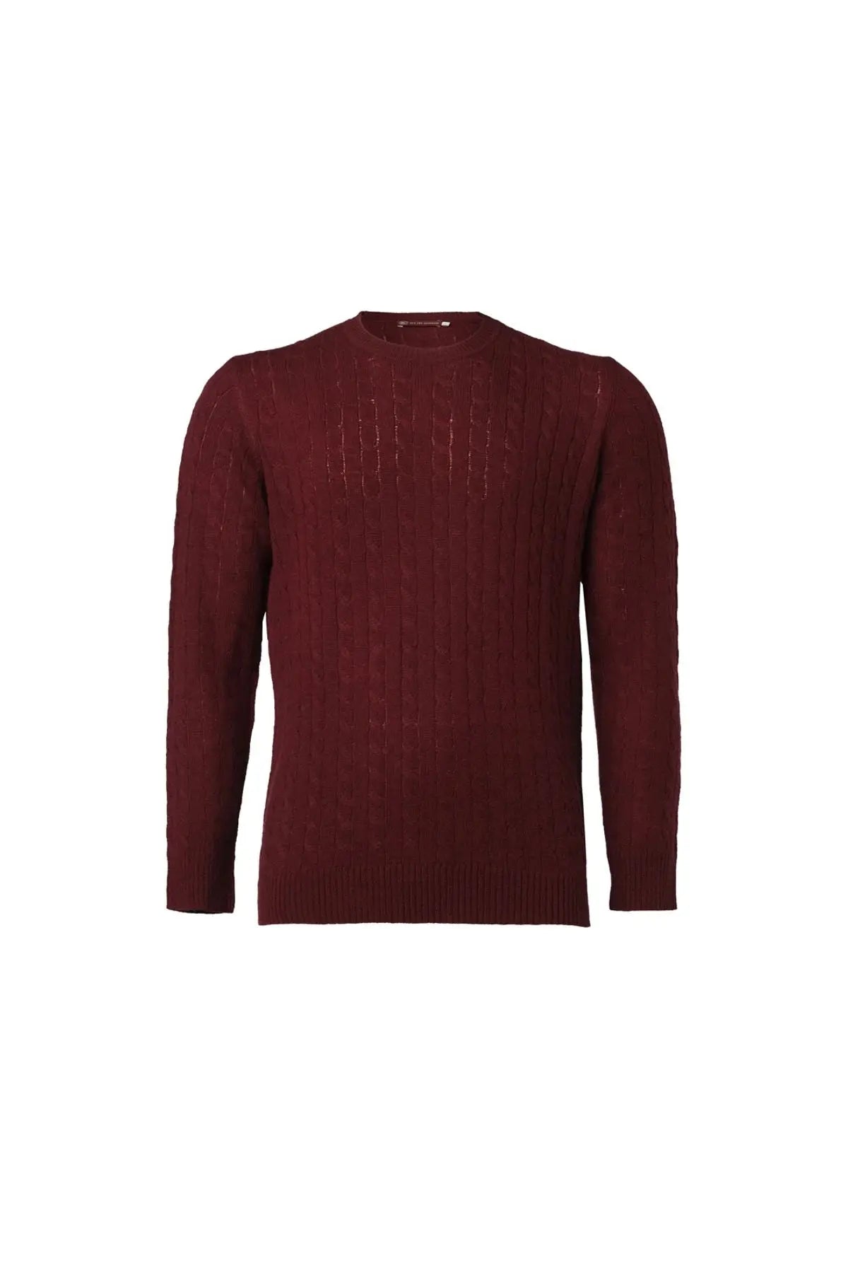 Şarap Kaşmir ve Yün Yuvarlak Yaka Saç Örgülü Uzun Kollu Amerigo Erkek Kazak Silk and Cashmere