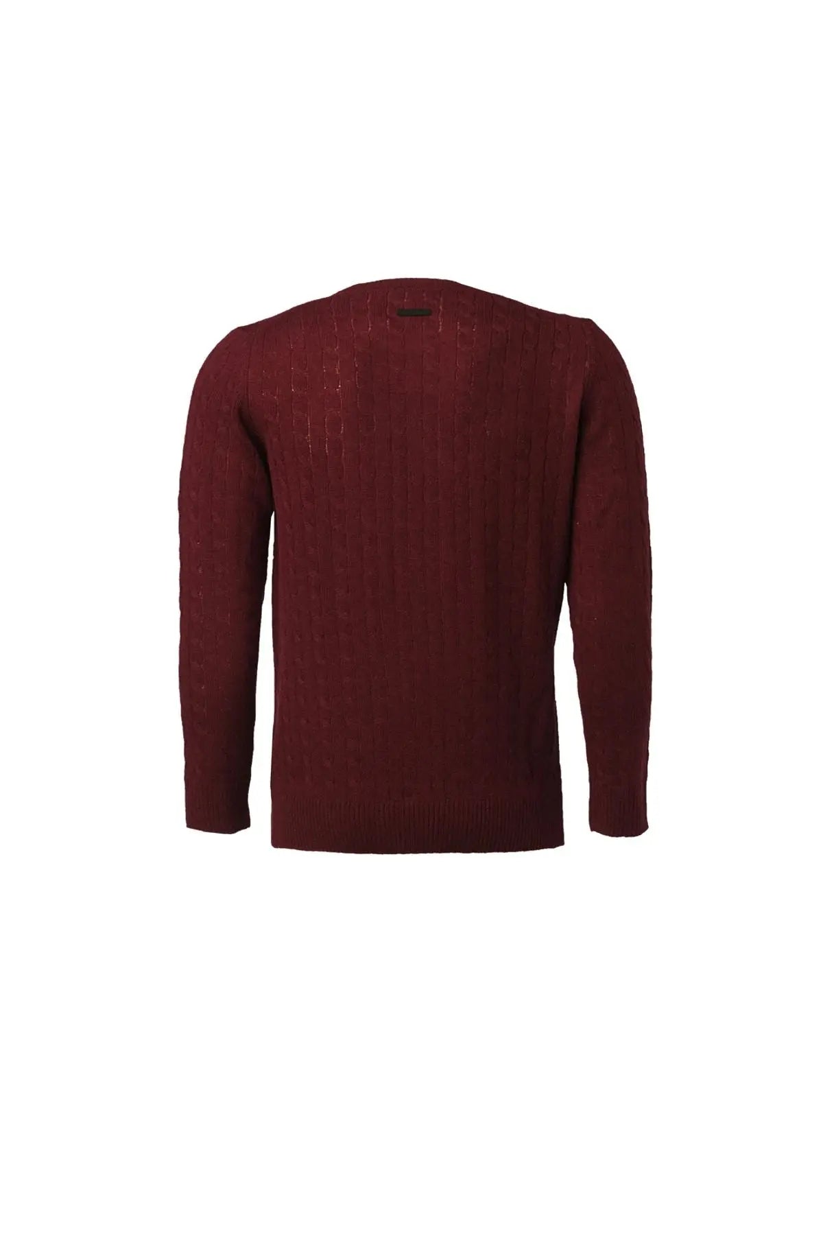 Şarap Kaşmir ve Yün Yuvarlak Yaka Saç Örgülü Uzun Kollu Amerigo Erkek Kazak Silk and Cashmere