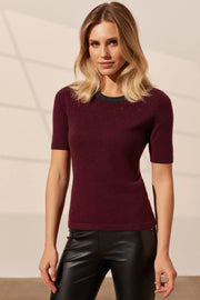 Şarap Merill Merino Yünü Kaşmir Işıltılı Taş Detaylı Yuvarlak Yaka Uzun Kollu Kadın Kazak Silk and Cashmere