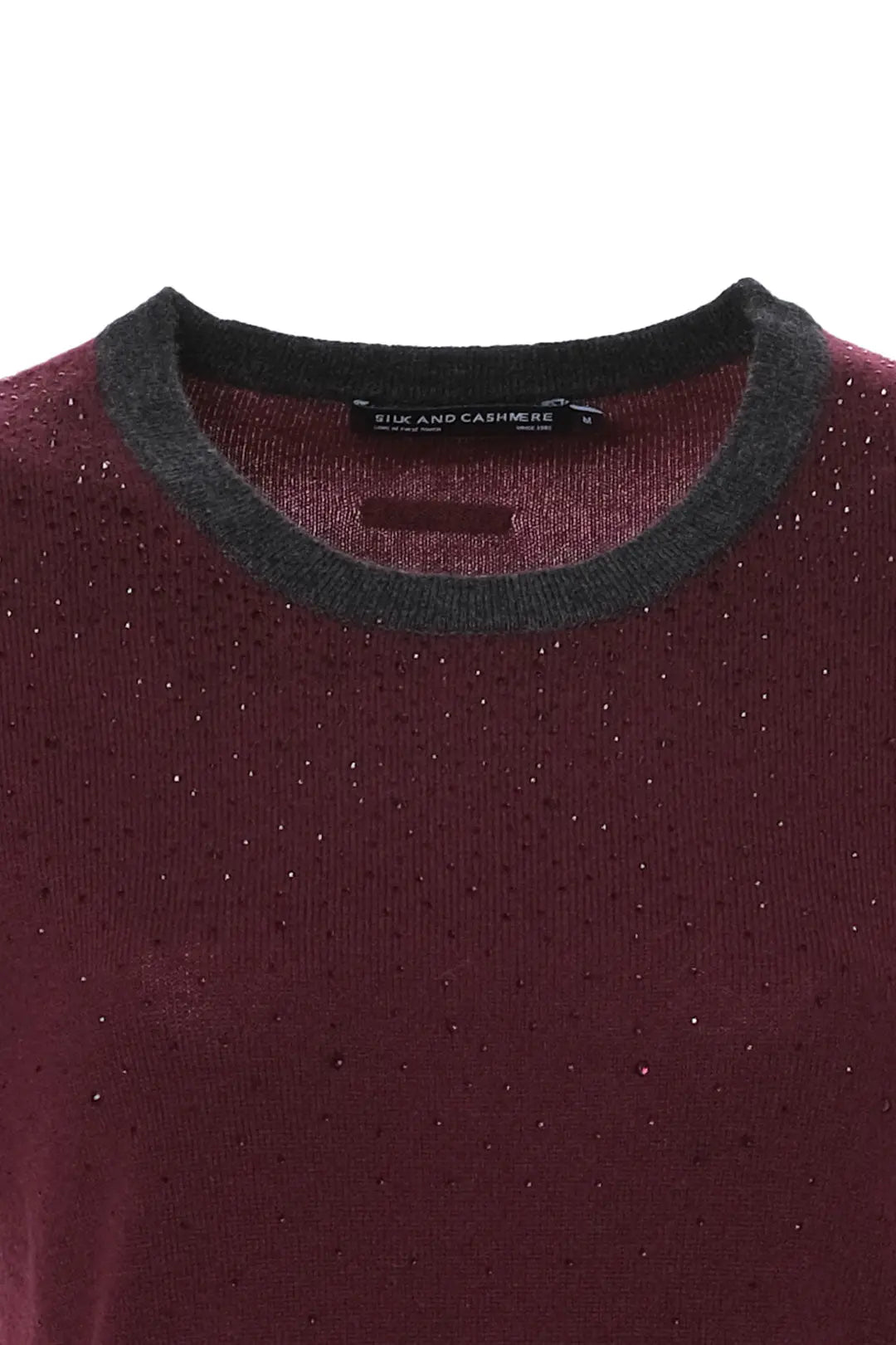 Şarap Merill Merino Yünü Kaşmir Işıltılı Taş Detaylı Yuvarlak Yaka Uzun Kollu Kadın Kazak Silk and Cashmere