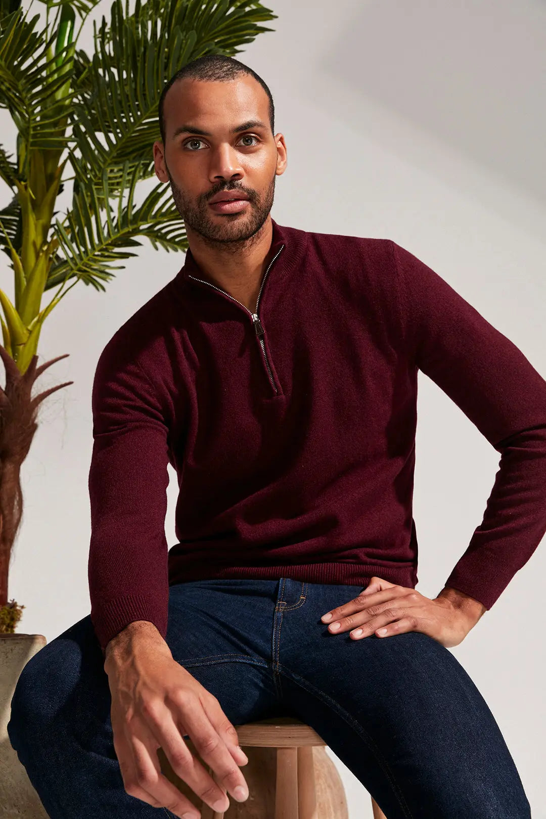 Şarap Saf Kaşmir Fermuarlı Yaka Uzun Kollu Erkek Kazak Silk and Cashmere