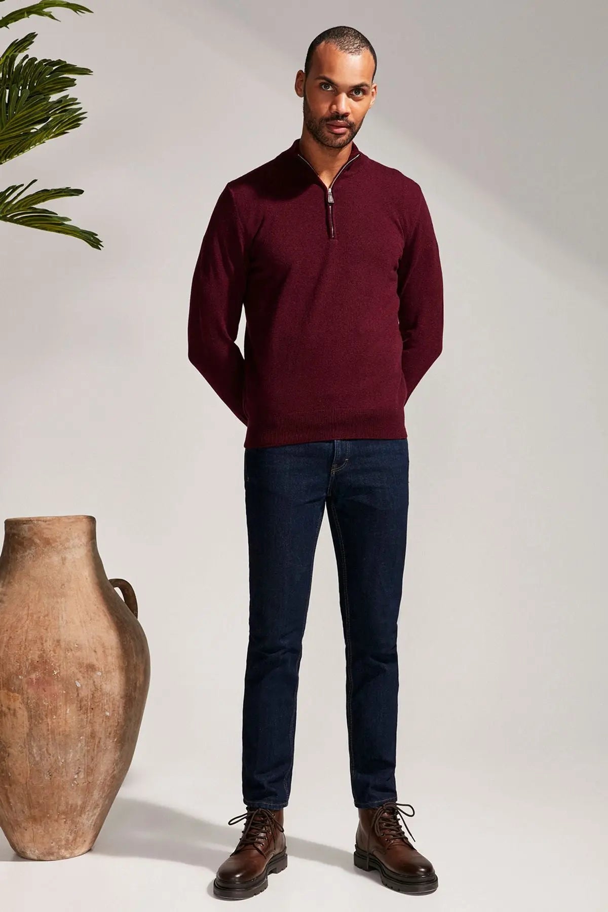 Şarap Saf Kaşmir Fermuarlı Yaka Uzun Kollu Erkek Kazak Silk and Cashmere